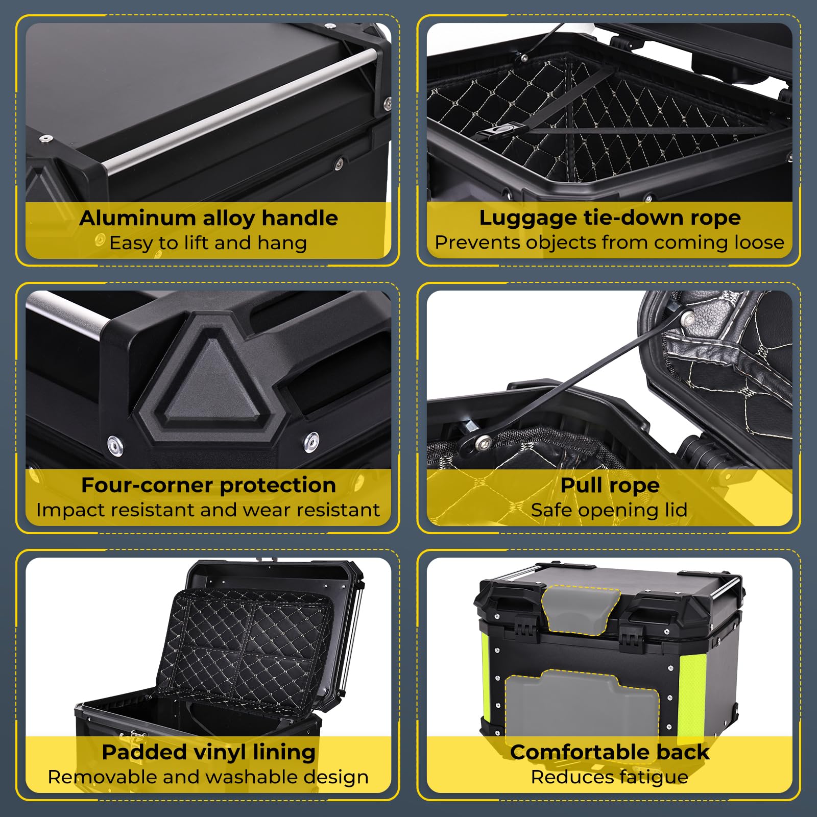 Baúl para motocicleta de aluminio de 45 L, 45 litros, maletín trasero impermeable universal, cierre rápido con cerradura, acolchado para la espalda, forro interior, caja trasera Enduro