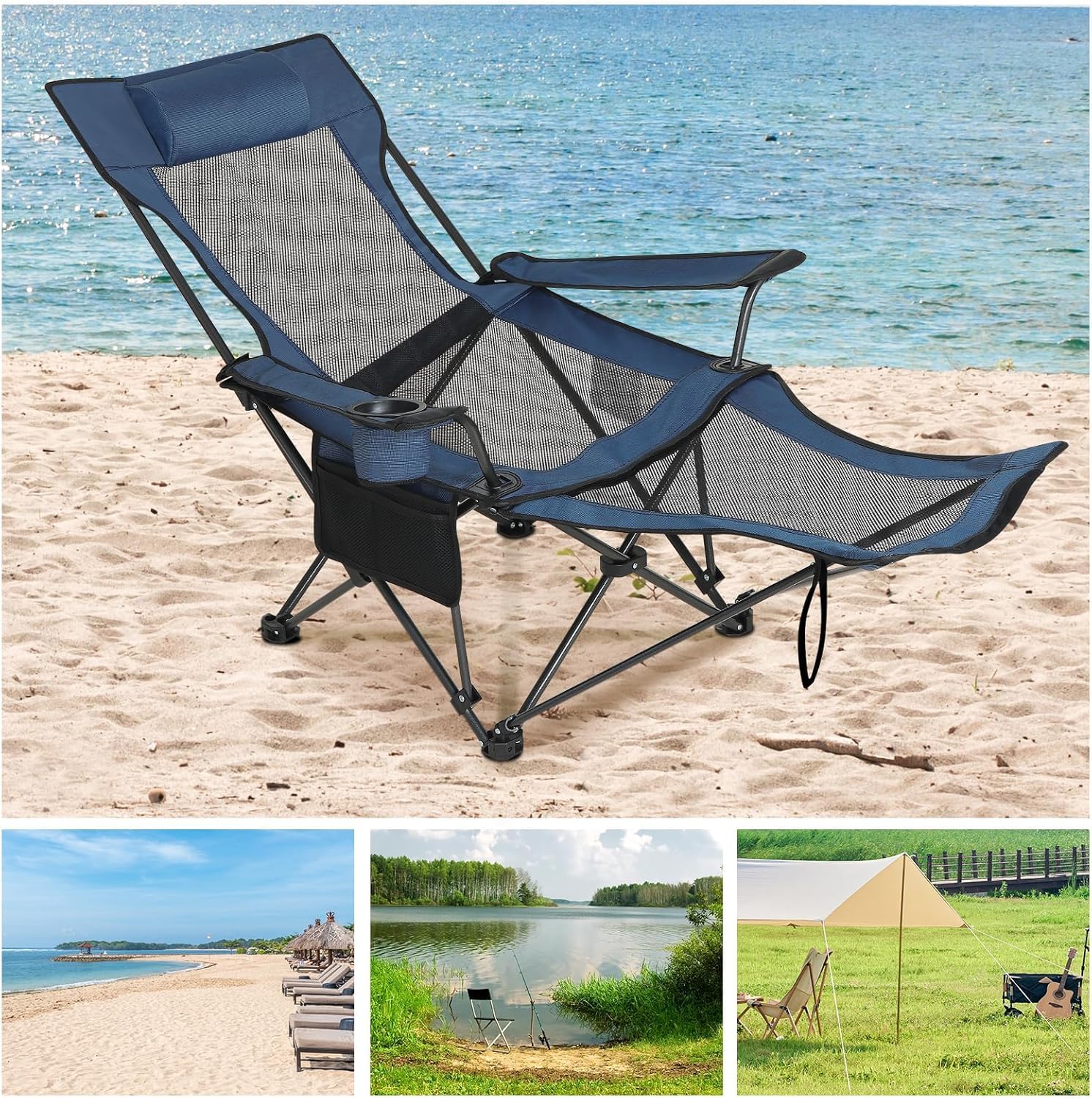 eSituro Chaise de Camping Pliante, Chaise de Pique-Nique Légère, Portable, Dossier Réglable à 2 Positions, pour Camping, Extérieur (1, Bleu)