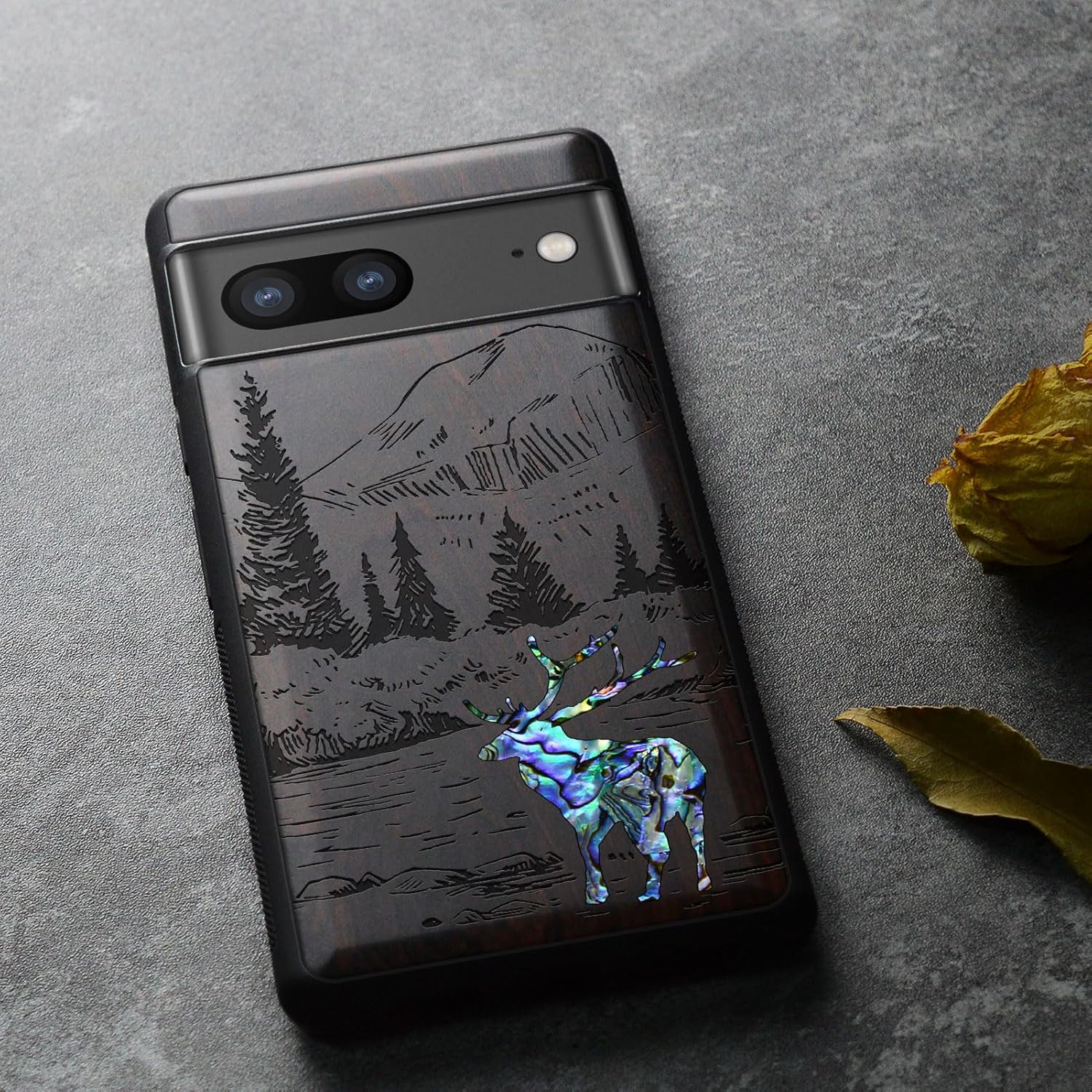 Carveit Designer Wooden Case for Google Pixel 8 Case Protective Cover [Wood Engraving & Shell Inlay] Compatible with Wireless Chargers Pixel 8 (Forest Deer-Blackwood)