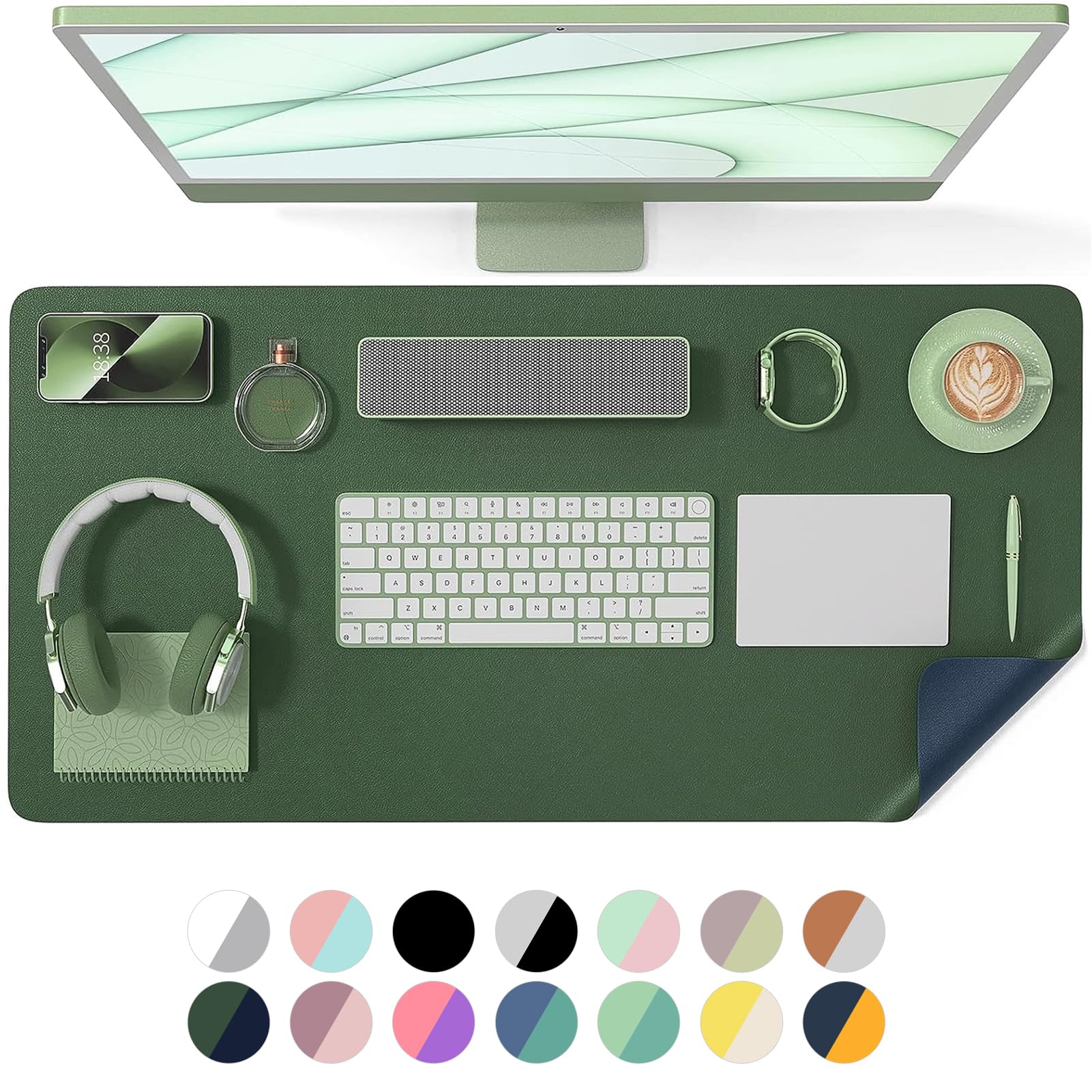 Crenovo Non Slip Desk Mat, 31.5" x 15.7" PU Leather Desk Protector, Waterproof Large Mouse Pad, Desk Mat for Desktop, Desk Pad for Keyboard and Mouse, Office and Home, Dark Green x Blue