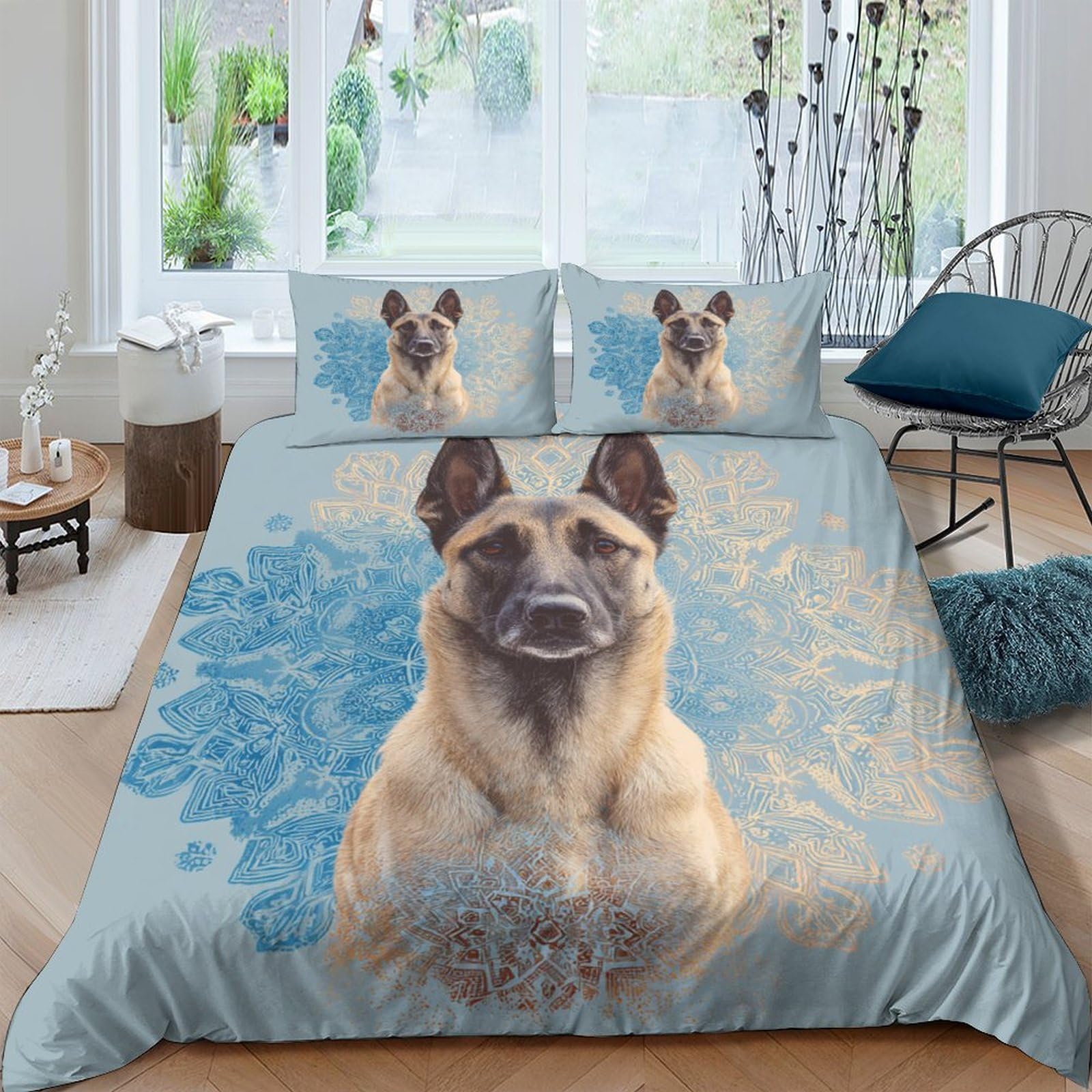 TUFRTGYHN 3D Printed Belgian Shepherd Dog Duvet Cover Microfiber Soft Breathable Blue Floral Quilt Cover Set with 2 Pillowcases for Bedroom Decor Single（135x200cm）