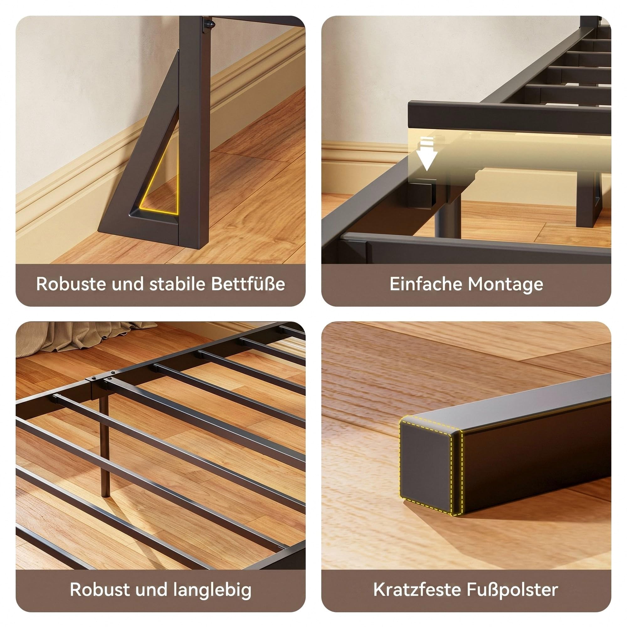 IRONCK Bett 90x200 mit LED Beleuchtung, Bettgestell 90x200 mit Steckdose, 1 USB, 1 USB-C-Anschlüsse, Metallbett mit Kopfteil und Stauraum, Jugendbett, Einzelbett mit Metal Lattenrost