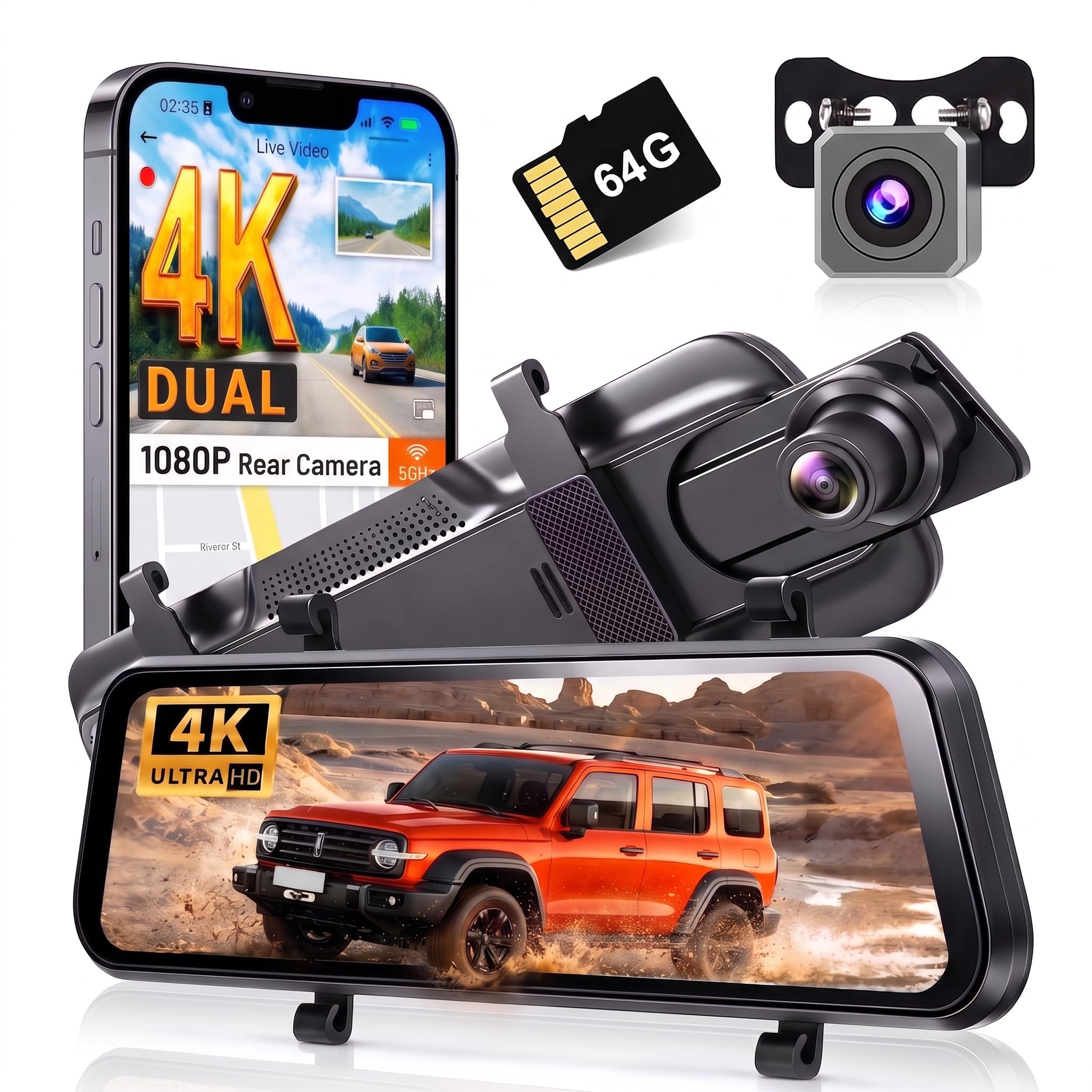 9,66" 4K Lusterko wsteczne z kamerą tylną, z przodu i z tyłu z dwoma obiektywami do samochodu, ekran dotykowy IPS, WiFi, G, czujnik, karta 64 GB