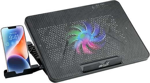 JD FRESH Laptop Cooling Pad with Mobile Stand/7 Height Adjustable Slot/2 USB Ports/Turbo Fan/Striff Stand for Table/Laptop & Mobile Holder for…