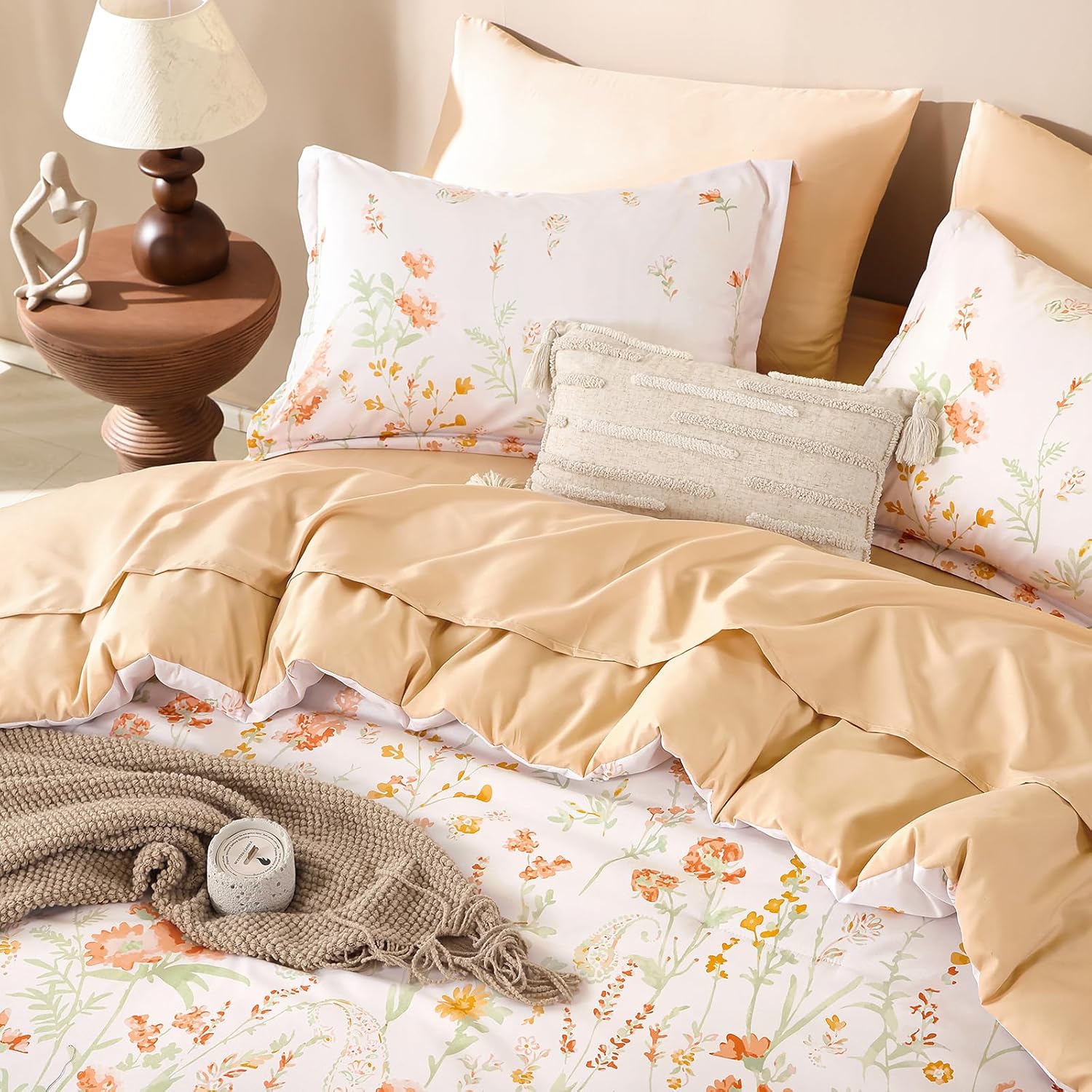 Yiran Coral Orange Watercolour Floral Comforter Set Queen Size, 7 Piece Cute Botanical Comforter Bedding Set, Bed in a Bag Queen, Soft Microfiber Complete Bedding Set with Sheets for All Season - Image 4