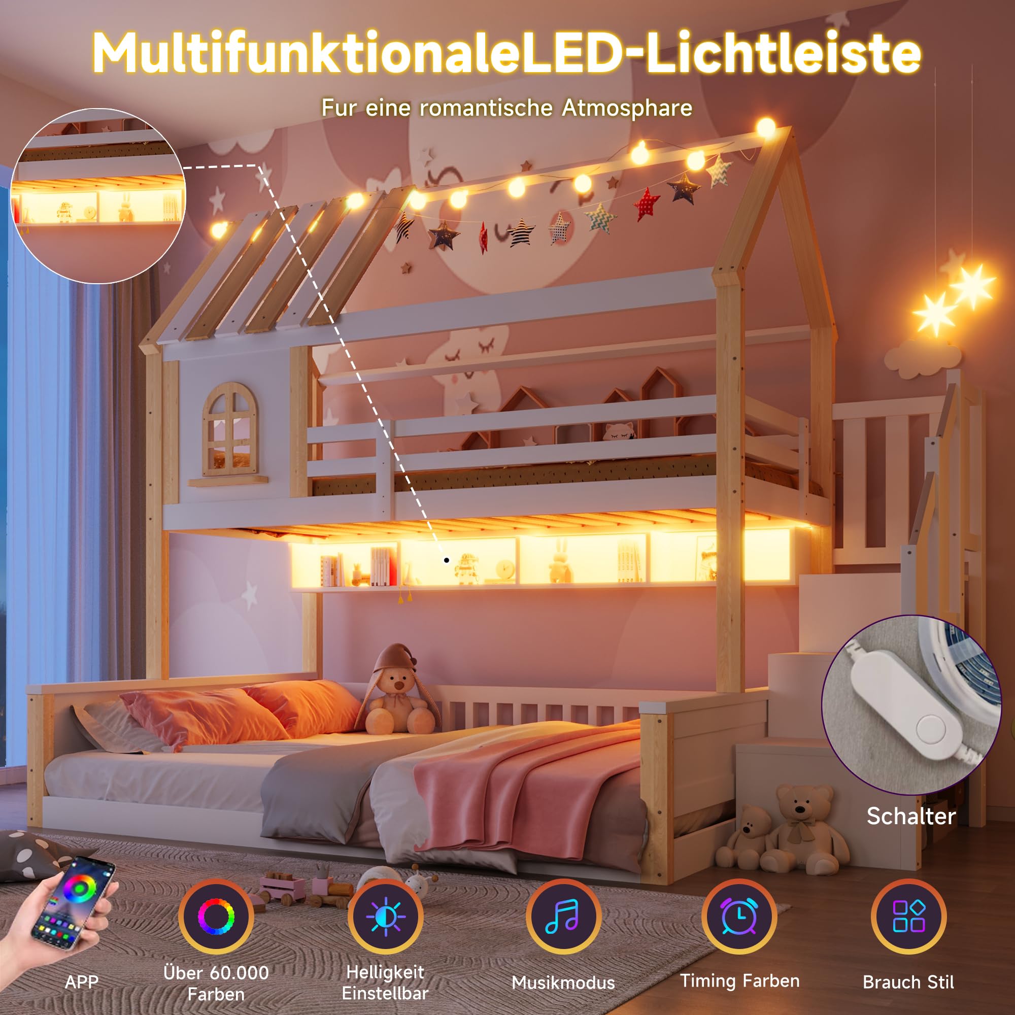 Litera de 90(140) x200 cm con LED y Diseño de Casa, Cama Infantil con Compartimentos Abiertos y Escalera Almacenaje, Cama Litera Matrimonio con Protección Anticaída, Sin Colchón, Blanco+Natural