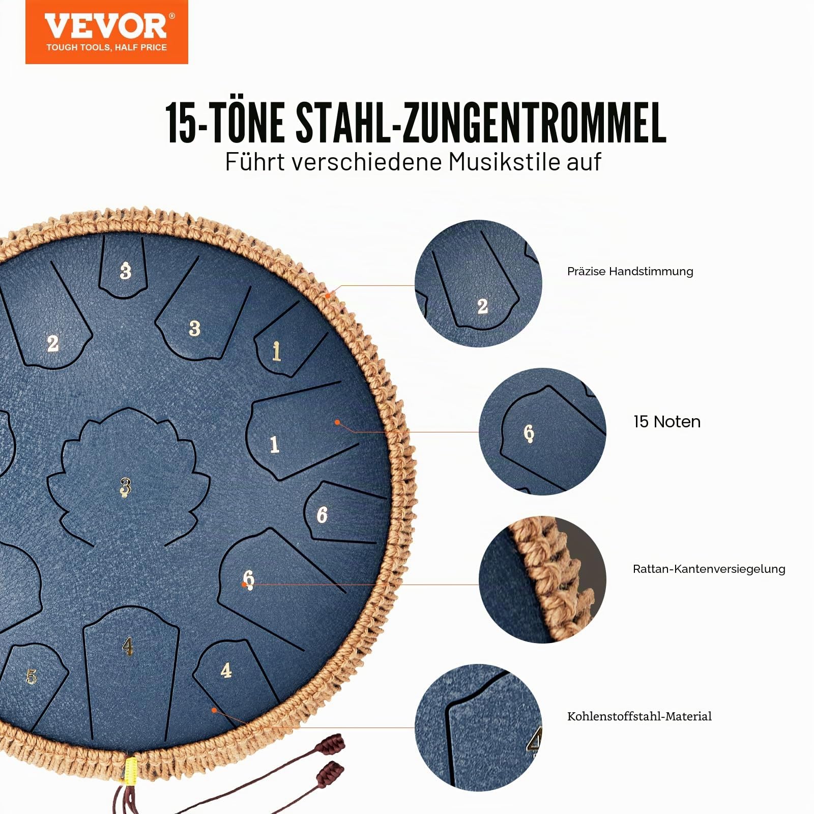 VEVOR Zungentrommel 356mm, Steel Tongue Drum 15 Noten, Regentrommel D-Dur-Tonart, Regenglockenspiel mit 2 Schlägeln & Tragetasche, Handpan-Trommel, Schlaginstrument für Musikunterricht & Yoga, Blau