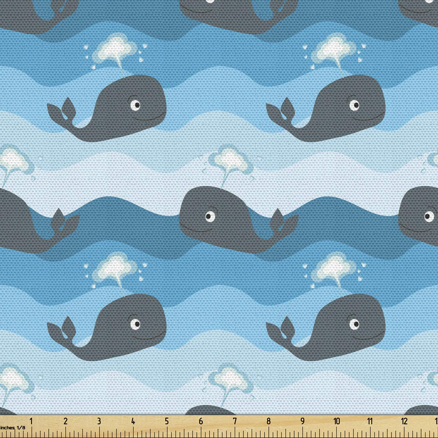 Lunarable Whale Fabric by The Yard, Cartoon Style Smiling Whales in a Row Swimming in Wavy Ocean, Decorative Fabric for Upholstery and Home Accents, 1