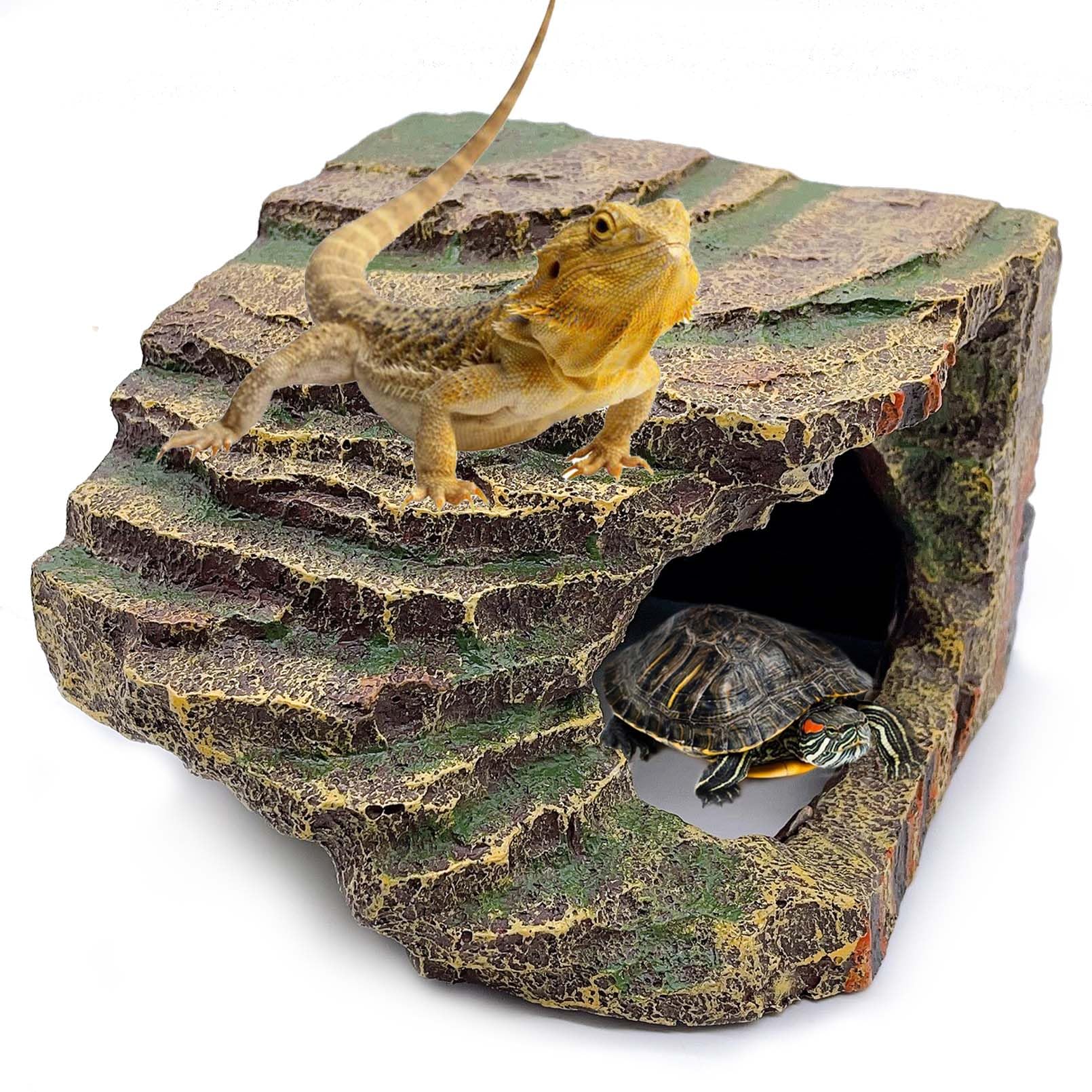 kathson Small Turtles Basking Platform,Resin Reptile Hideouts Cave Habitat Decor,Tortoise Hide Cave with Climbing Ramp Step,Bearded Dragons Hide Basking Rocks Accessories for Lizard,Gecko,Frog