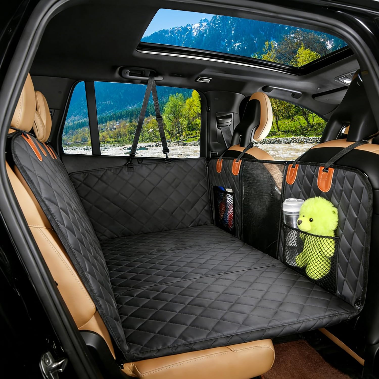 Back Seat Extender for Dogs,Hard Bottom Dog Car Seat Cover for Back Seat,Waterproof Dog Hammock with Door Protection, Anti-Scratch Pet Back Seat Cover for Car, SUV, Truck, Holds 420lbs, Black