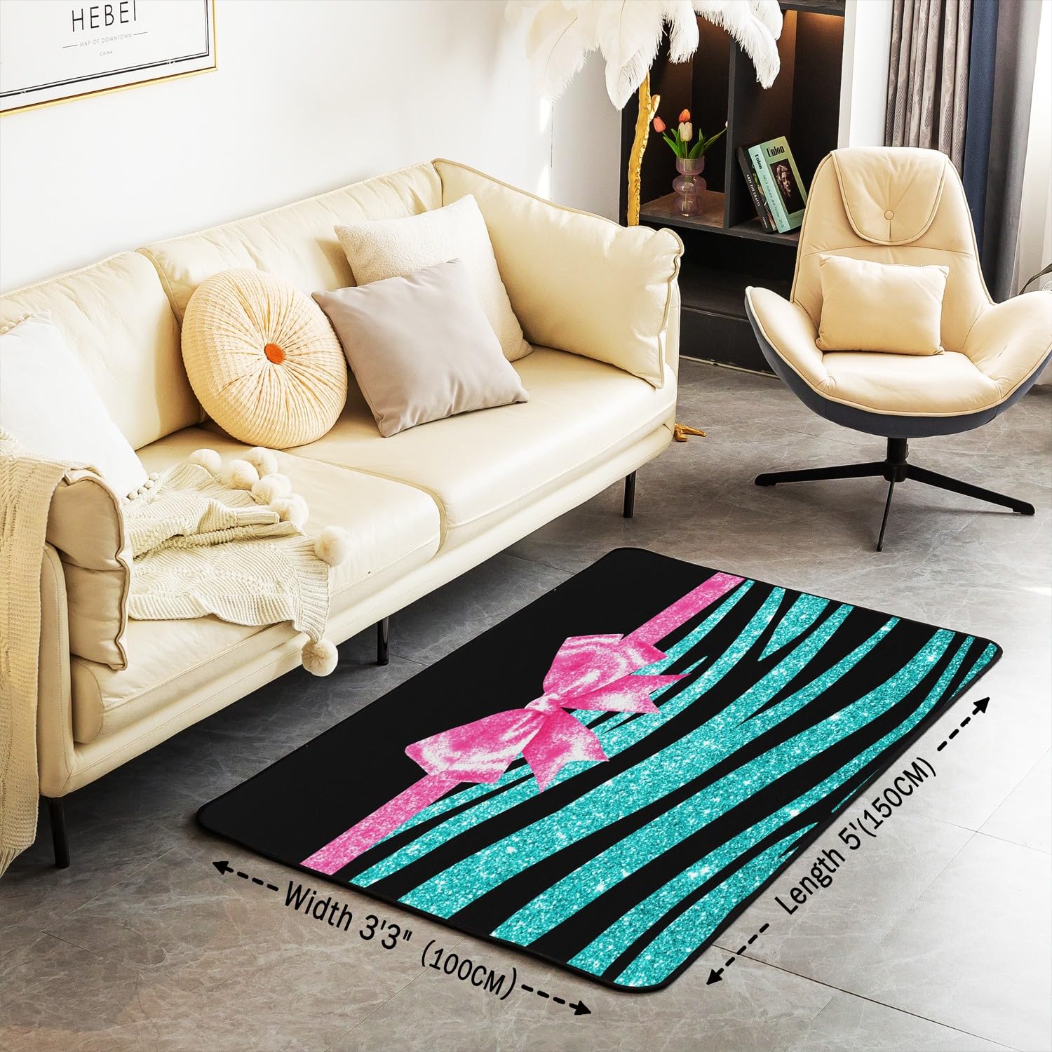 Dywaniki do salonu, niebieski, brokatowy nadruk, 100 x 150 cm, różowa kokardka, dekoracja do salonu, w paski, dekoracyjny dywan, dla chłopców, dziewcząt, dzieci, dorosłych (bez brokatu)