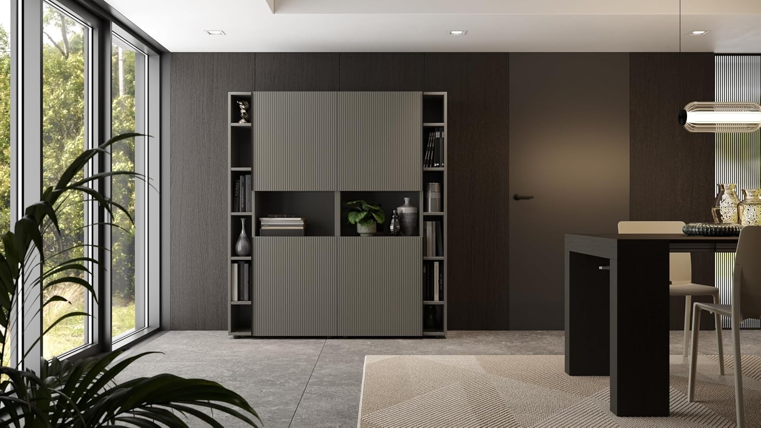 Mobili Fiver, Romina Modular Bookcase with Fluted Doors (60.5 x 68.3 in), Slate Grey, Made in Italy