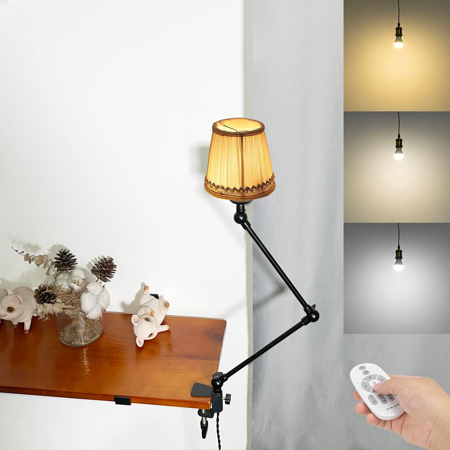 Kiven Plug-in Clamp Table Lamp, 1-Light Dimmable Swing Arm Desk Lamp with 8.2FT Plug in Cord, Decorative Clamp Lamp for Home Decor Bookshelf Bedside, Classic Linen Library Light(#806)