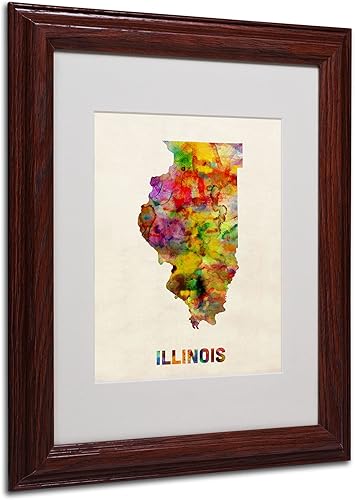 Trademark Fine Art Illinois Map - Arte enmarcado enmarcada enmarcada por Michael Tompsett en marco de madera, 11 x 14 pulgadas