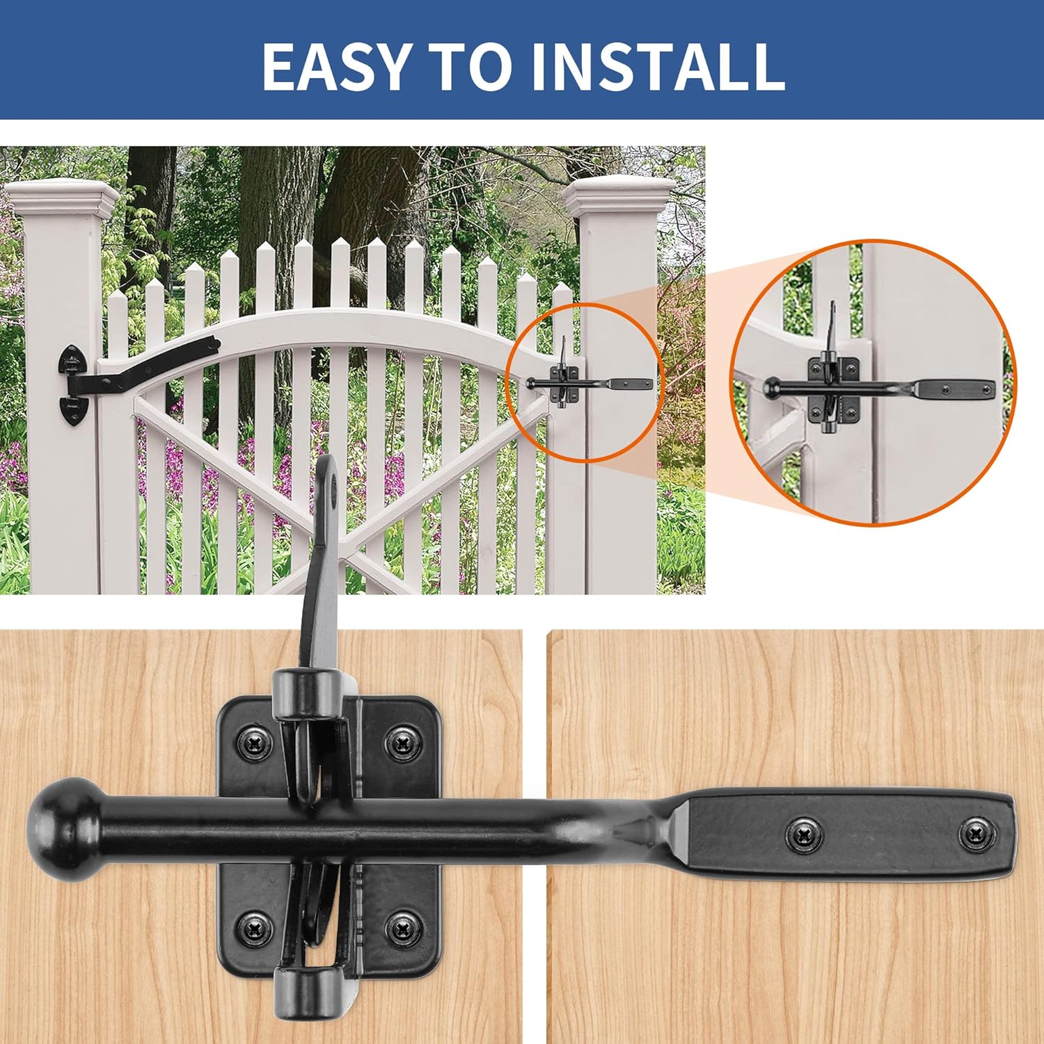 2 Pack Self-Locking Gate Latch,Automatic Gravity Lever Door Latches,Single Sided Wood Fence Latch,with Longer Fasteners Pull String,for Garden Kennels Secure Pool,2-1/8" Steel,Black Coated