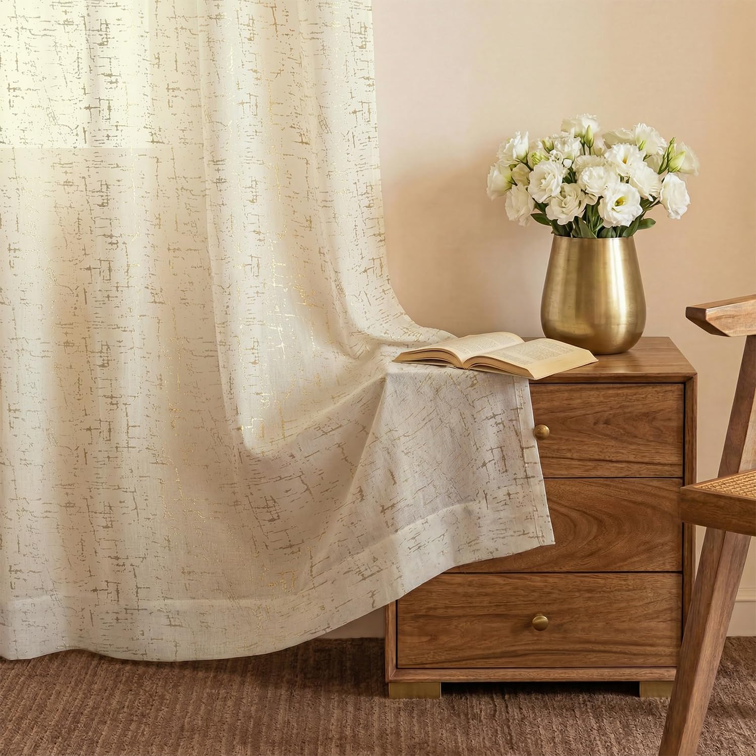 Urban Space Gold Foil Sheer with Texture, Curtains for Door 7 Ft, 35-40% Room Darkning, Set of 2 Decorative Curtains with Tieback and Eyelets (Sparkle Butter Cream, Long Door- 8 Feet)