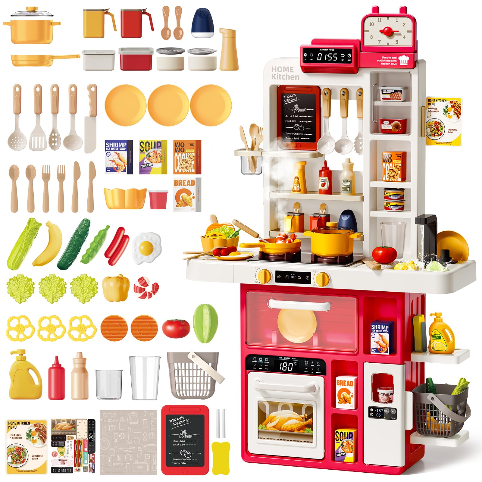 deAO Cucina Giocattolo per Bambini, 69 Pezzi con Luci, Suoni Cottura, Effetto Fiamma, Funzione Acqua con Vaporizzatore e Rubinetto, Fornello e Forno – Regalo 3+ anni(rosso)