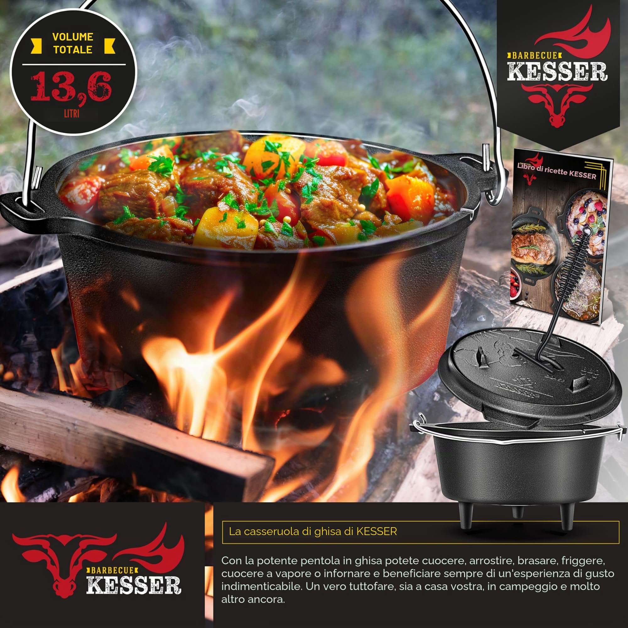KESSER® Set forno olandese, Casseruola per barbecue, pentola in ghisa con manico per sollevare il coperchio e fessura per termometro, per barbecue, pentola per gulasch, uso esterno e interno