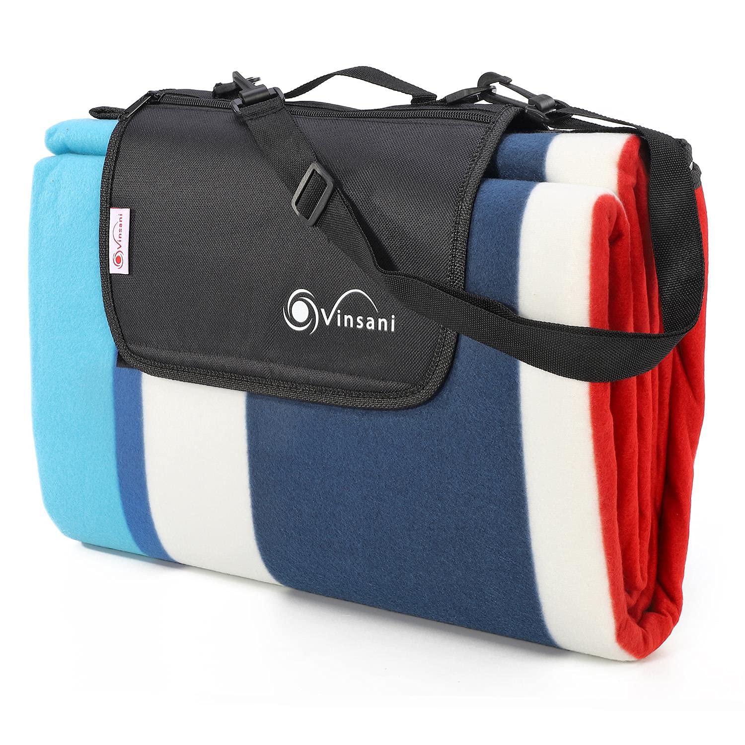 Vinsani Foldable Picnic Blanket 220 x 200 cm - Anti-Slip, Durable Waterproof & Sand Proof Outdoor Rug Mat for Camping, Beach, Hiking, Park & Garden, Easy to Carry, Machine Washable | Aqua Stripe