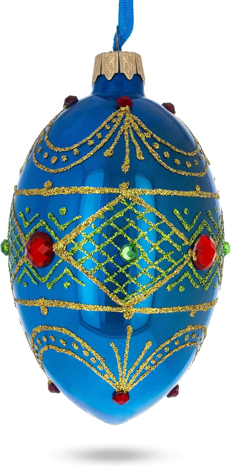 Jeweled Red on Blue Glass Egg Ornament 4 Inches