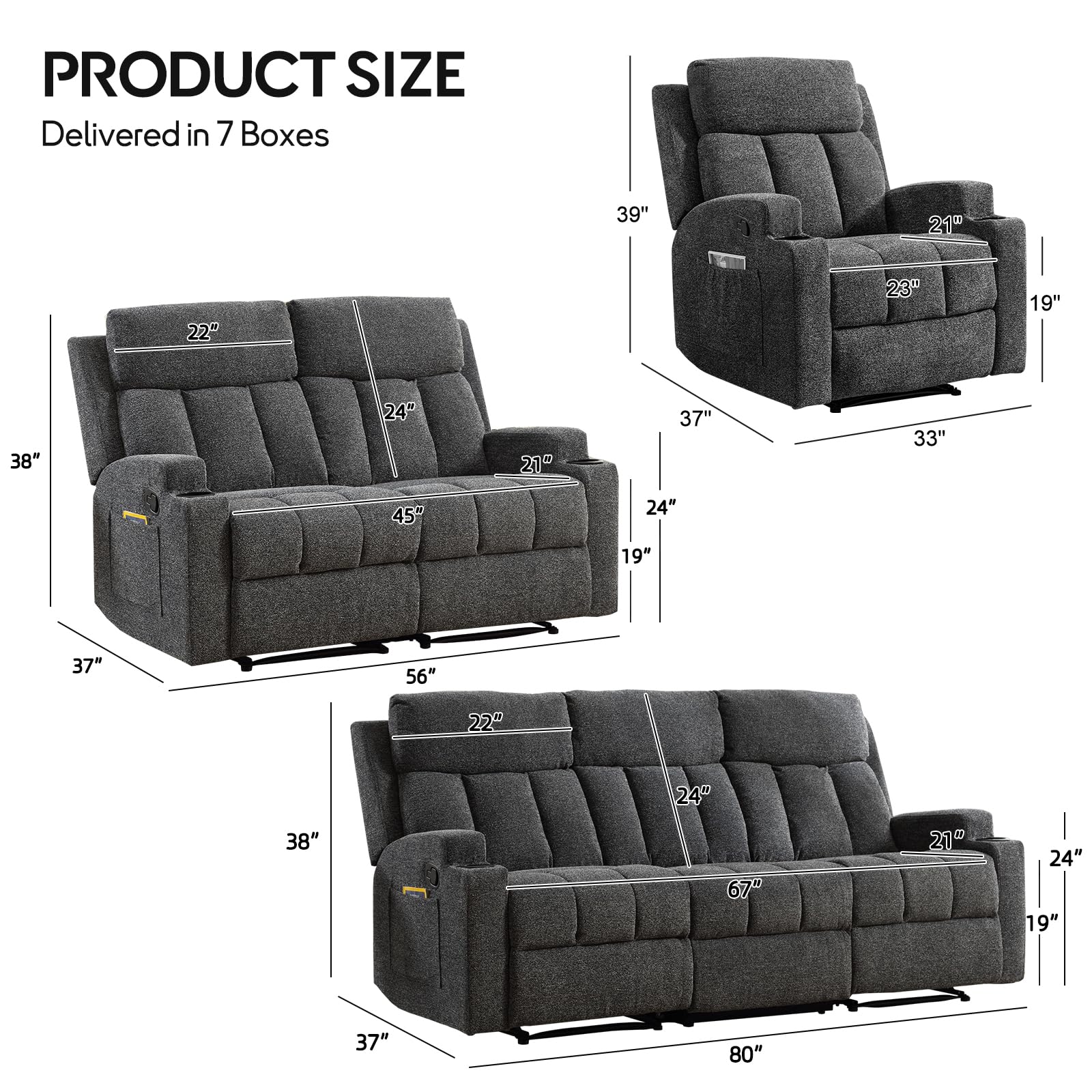 CANMOV Manual Recliner Sofa Set, Fabric Recliner Living Room Furniture Sets, 1 Seat Reclining Chair, a Loveseat, a 3 Seat Sofa Furniture Set with Side Pockets and Cup Holders, Dark Grey view 2