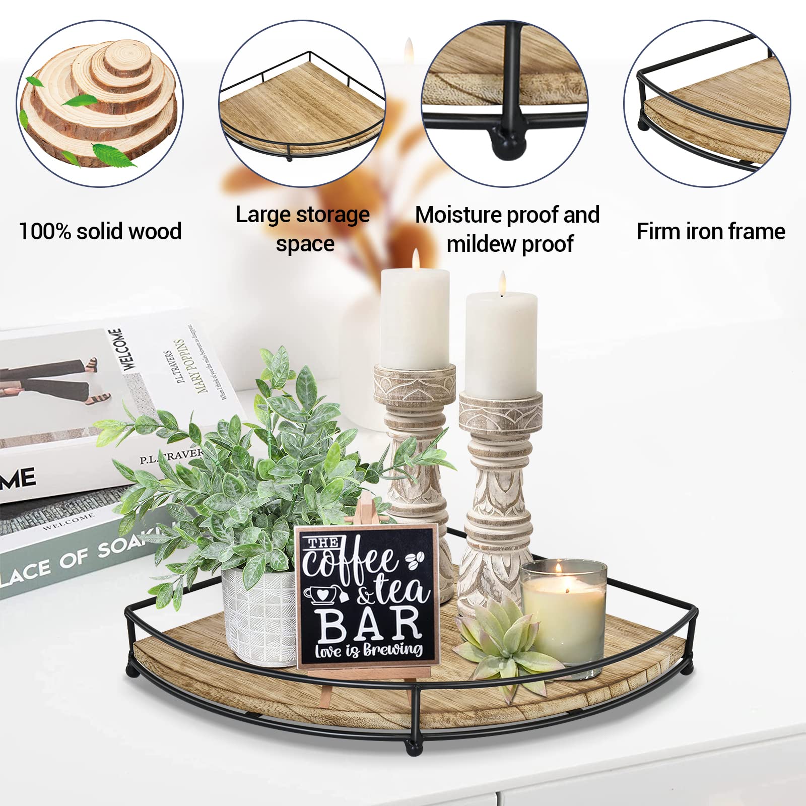 Rustic Wood Counter Corner Shelf, Wood Decorative Serving Tray Farmhouse Coffee Table Tray, Rustic Tray Riser for Coffee Bar Decor, The Perfect Display Tray for Your Kitchen Countertop and Home Decor