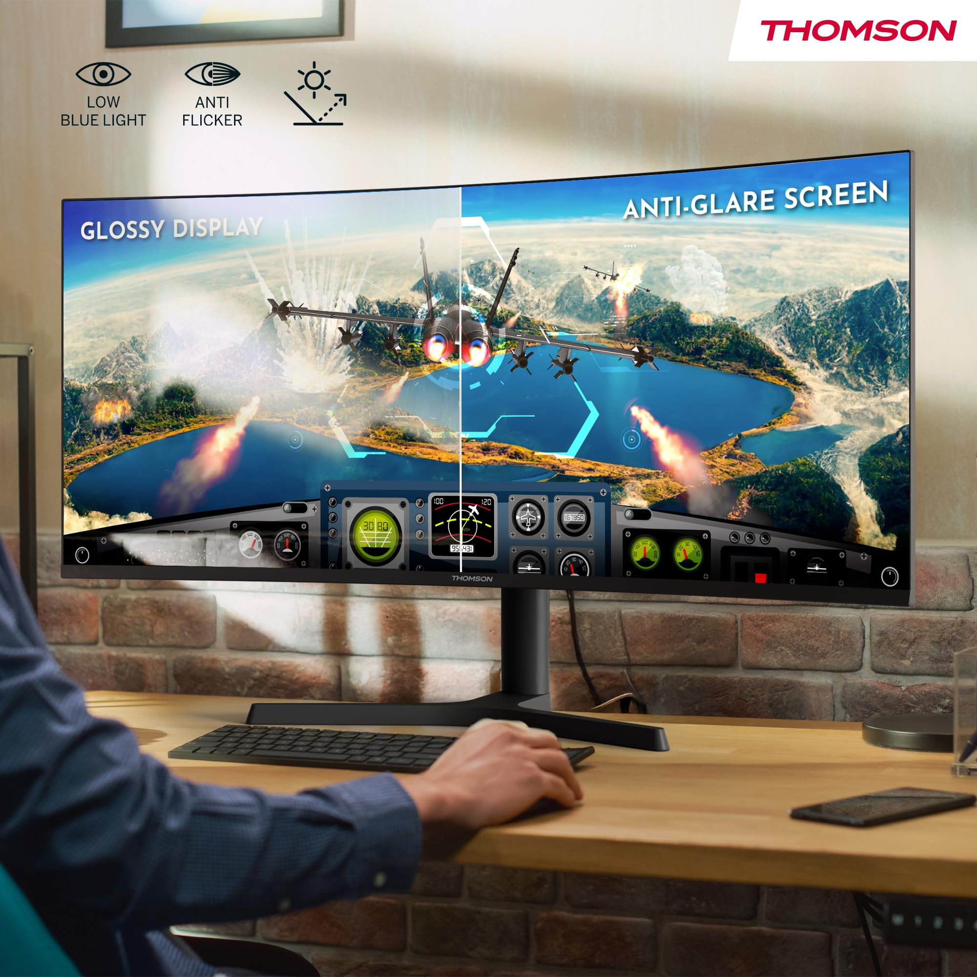 THOMSON Gaming Monitor 34 Pulgadas UWQHD Monitor, 240Hz VA EyeCare Display, 1ms, Adaptive Sync, Speaker, HDR10, HDMI&DP, M34QG7Y14C