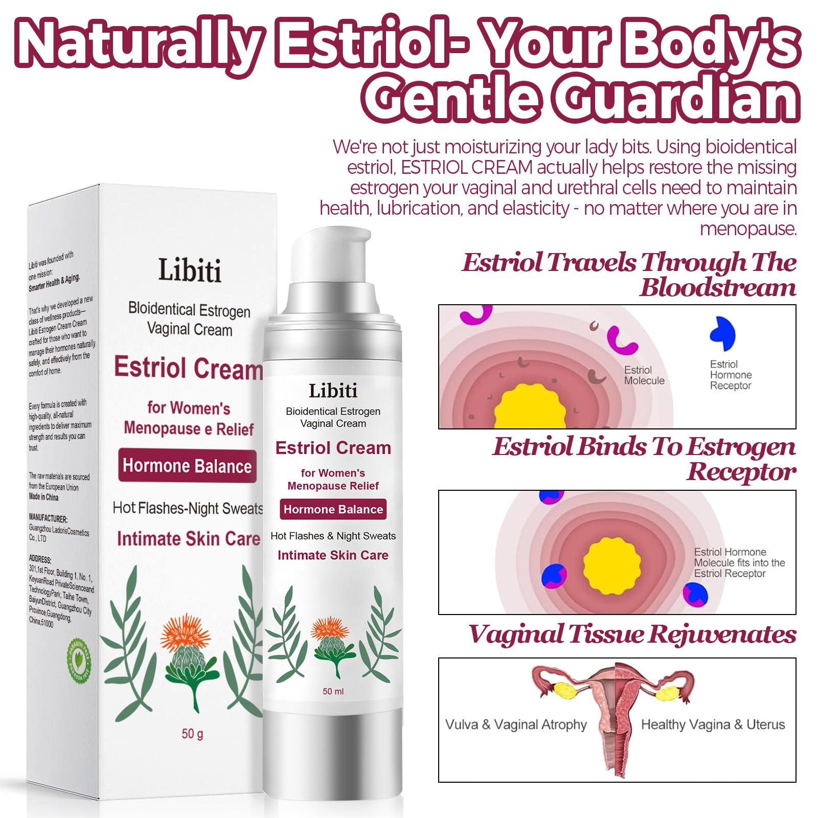 Estriol Cream for Women, Silky Peach Vaginal Estrogen Cream, Menopause Relief: Hormone Balance, Treat Night Sweats, Hot Flashes, and Care for Intimate Skin, 50g