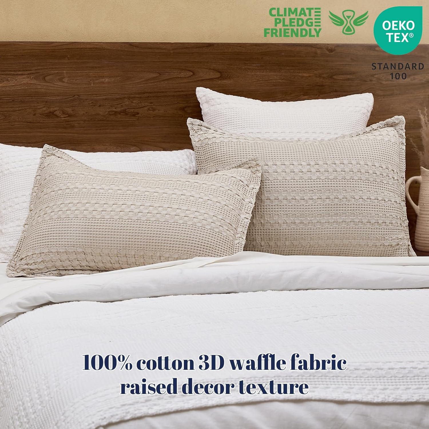 PHF 100% Cotton Ruffle Waffle Pillow Shams King Size, 2 Pack 20" x 36" Soft Skin-Friendly Pillowcases, No Filling, Aesthetic Home Decor, Breathable Waffle Weave Bed Pillow Covers, Oatmeal - Image 3