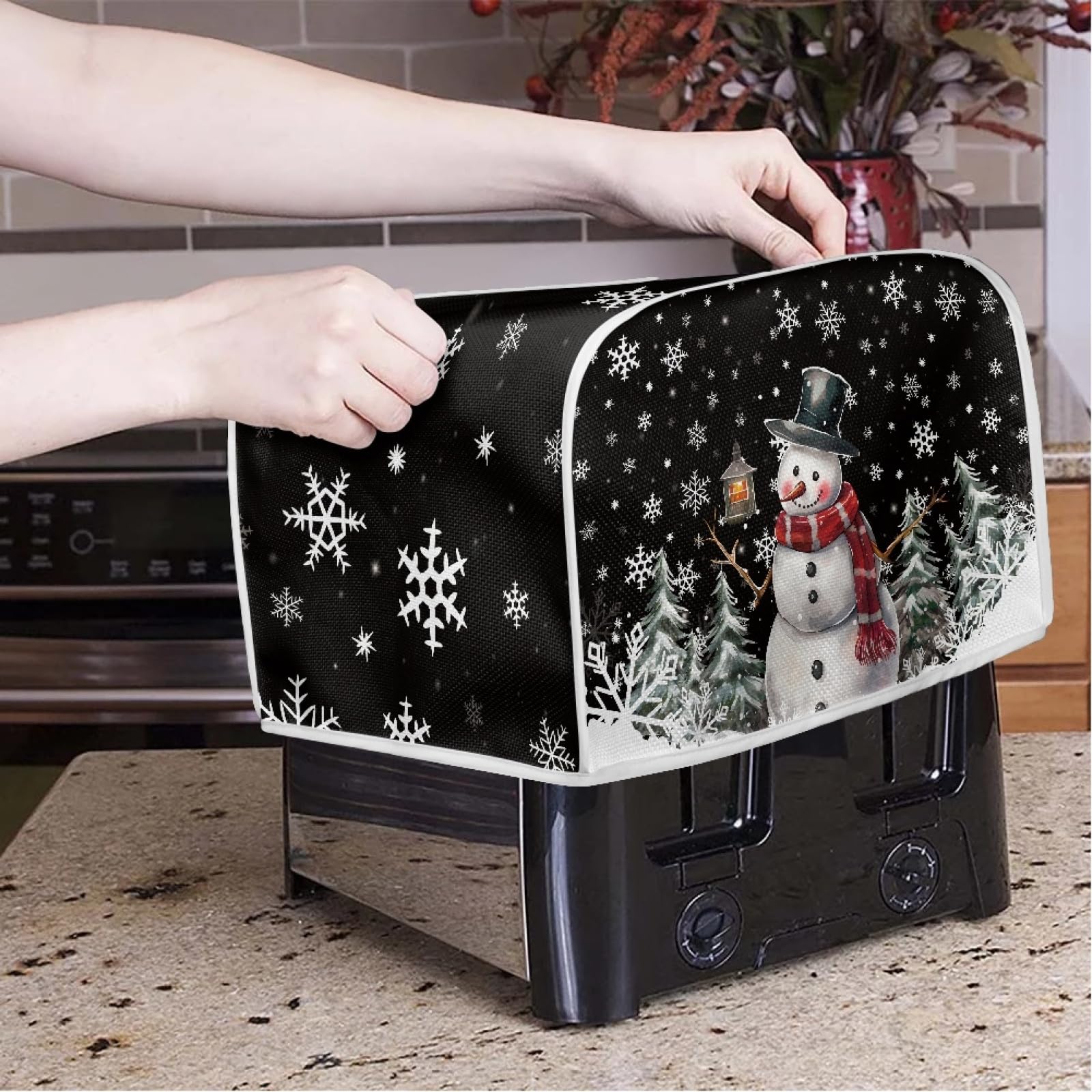 TOADDMOS Christmas Snowman Toaster Dust Cover 2 Slice Microwave Toaster Oven Grill Cover Stain Resistant Dustproof Kitchen Small Appliance Cover with Top Handle