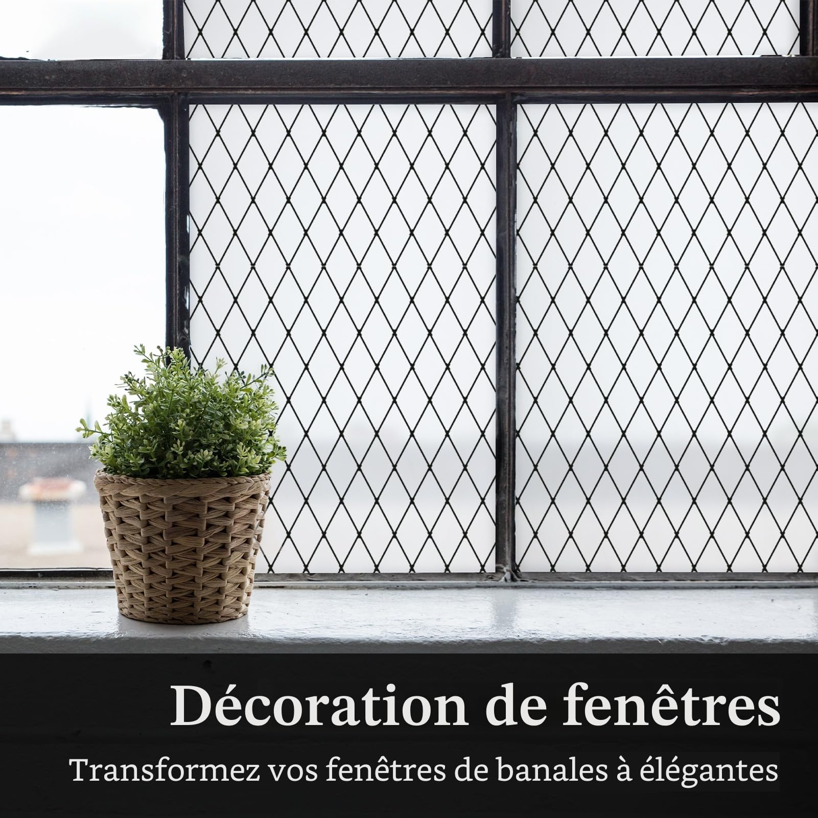Film Dépoli pour Vitre à Treillis Noir, Film Intimité, 90x400cm | Film de Vitrage Dépoli Répositionnable, Film Décoratif pour Vitre, Électrostatique, Anti-UV pour Maison, Bureau