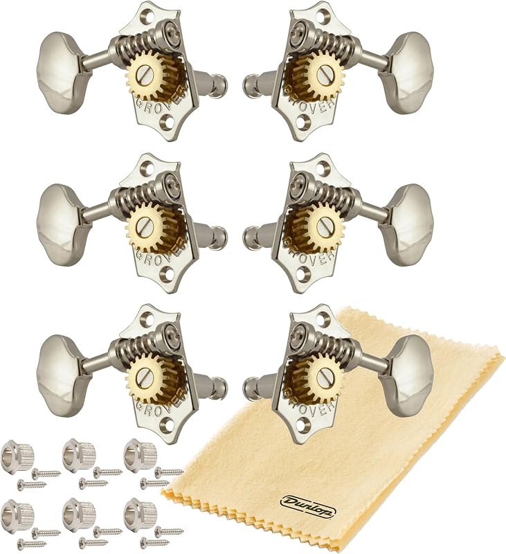 Grover V97-18NA STA-TITE 18:1 Open Gear Guitar Tuners Vintage Style Nickel Tuning Machines 3+3 with Butter Bean Button For Solid (Vertical) Headstock with Tonebird Dunlop Polish Cloth Bundle
