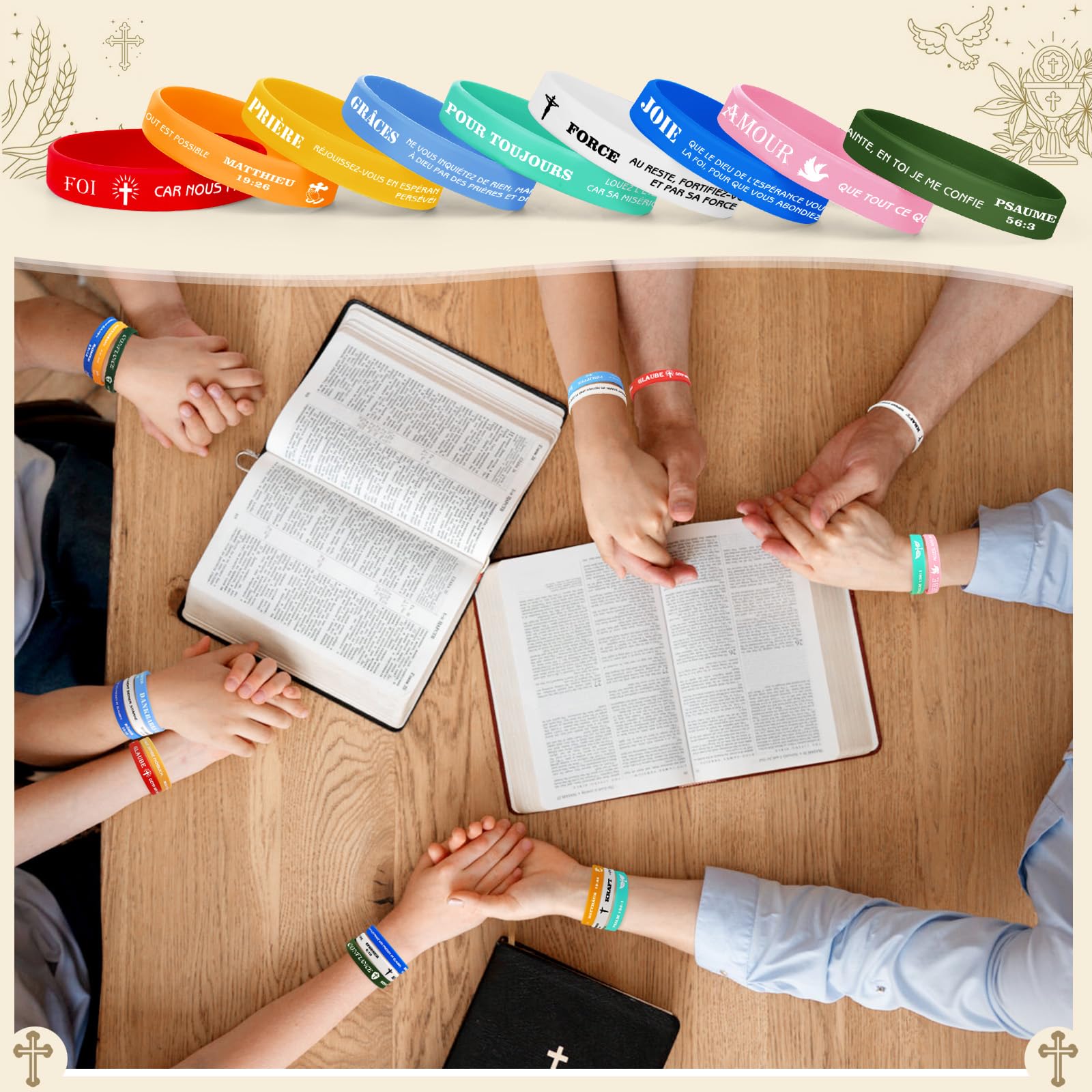 Bracelet de motivation en silicone bible version française de 8 pouces, bracelet cadeau religieux, 9 citations bibliques, 9 couleurs, cadeau idéal, cadeau d'équipe