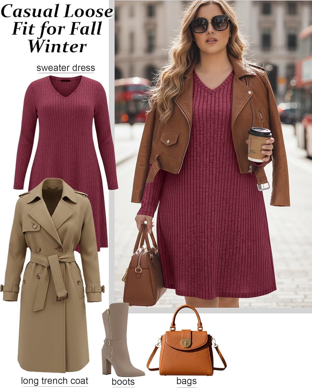 3 Pack Women's Plus Size Dresses Long Sleeve V Neck Ribbed Sweater Loose Casual Lighweight Dress for Curvy Women - Image 5