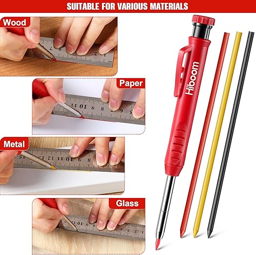 Miniatura 6 de Hiboom Juego de 3 lápices de carpintero con 24 repuestos, lápiz mecánico de carpintero de 0.110 in, sacapuntas integrado, herramienta de marcado