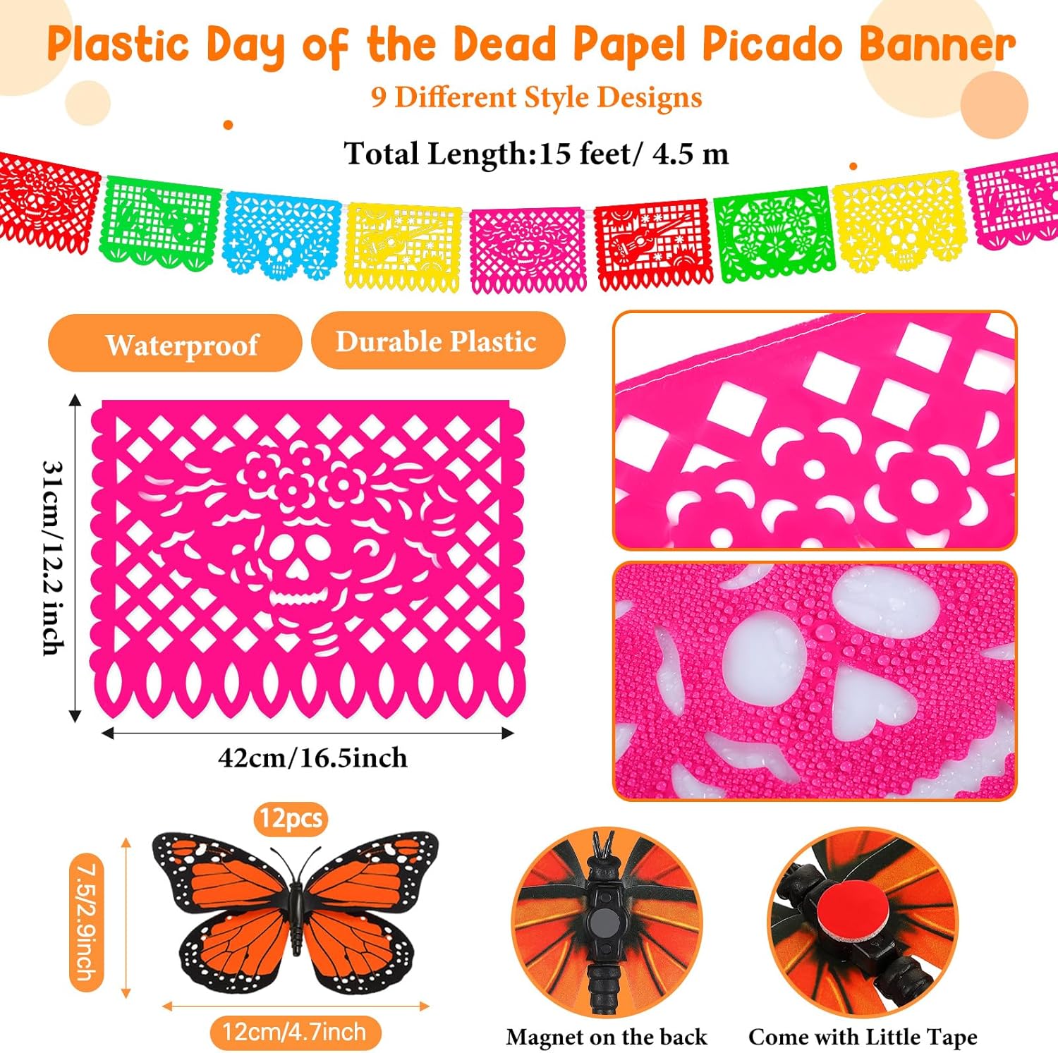 Hotop 24 Pcs Day of The Dead Decorations 2 Pcs Artificial Marigold Flowers Garland 9 Pcs Mexican Party Banner and 12 Pcs Monarch Butterfly Mexican Table Cover for Dia De Los Muertos