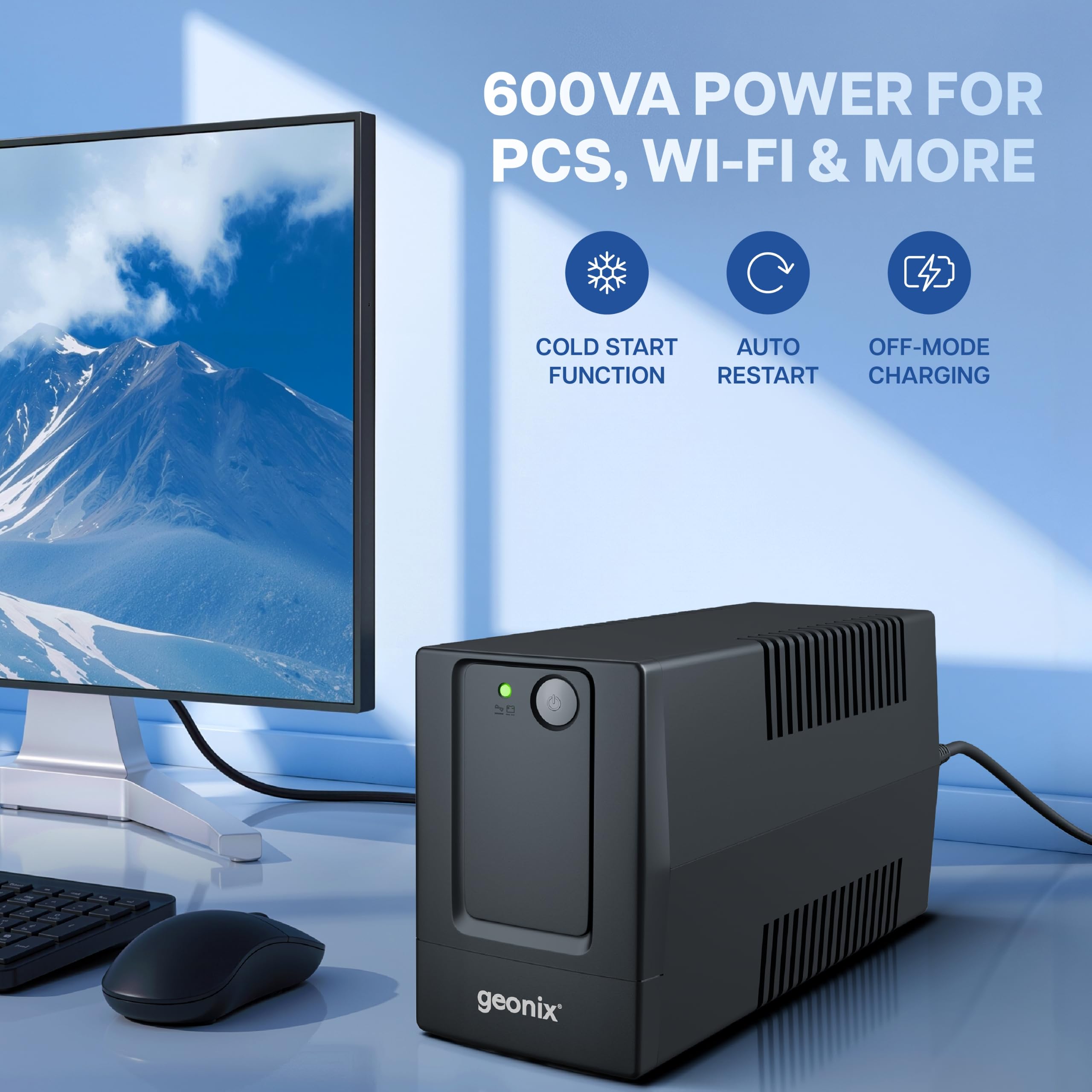 Geonix UPS 600VA/360W Line Interactive UPS with Voltage Regulator, Auto Restart & Cold Start, Power Backup for Home Office & Desktop PC, BIS Approved, 2 Years Warranty, Black — Amazon image 3