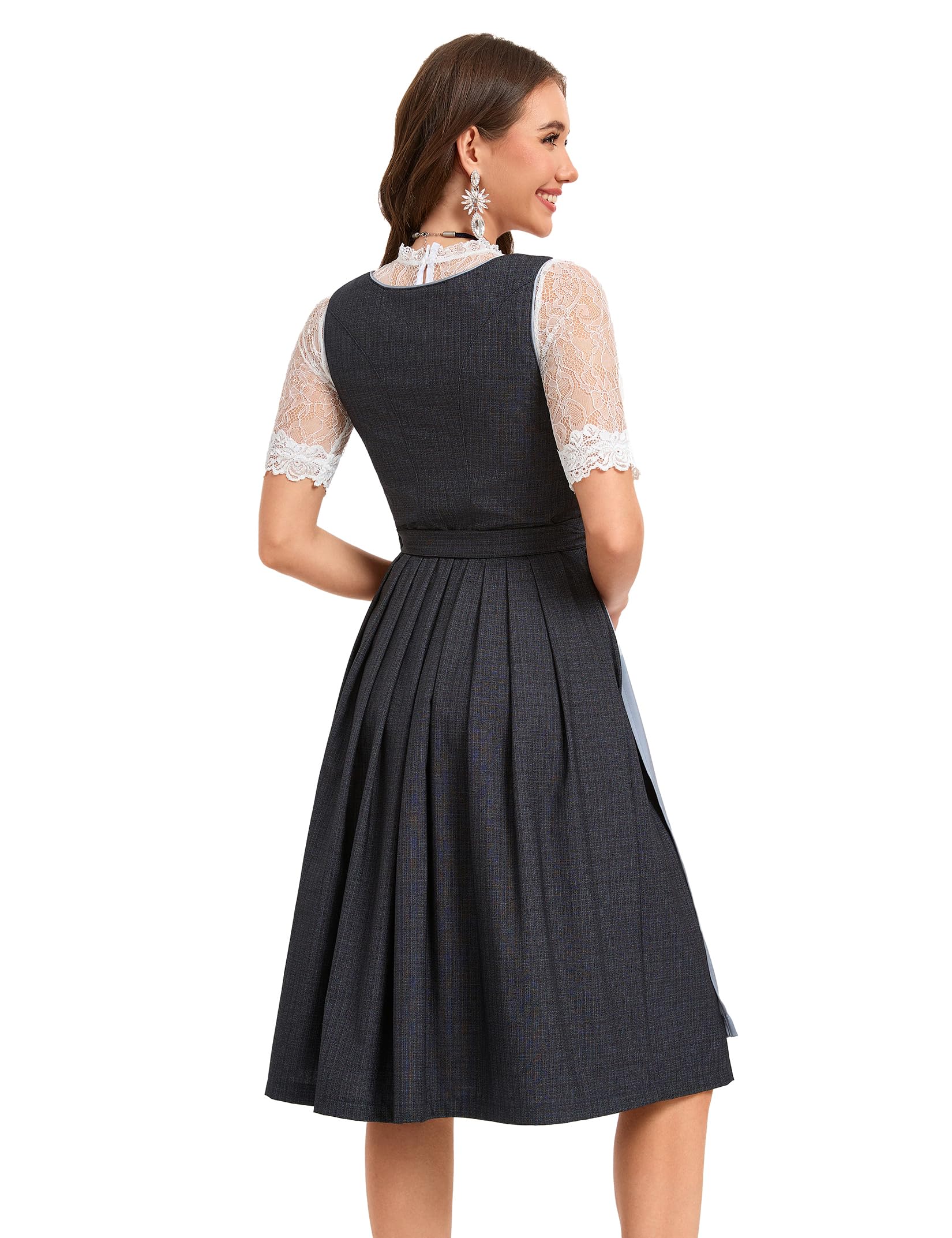 YesFashion Dirndl Damen Set 3tlg. Exklusives Trachtenkleid Jacquard, Schürze und Spitzenbluse Midi Dirndl für Oktoberfest