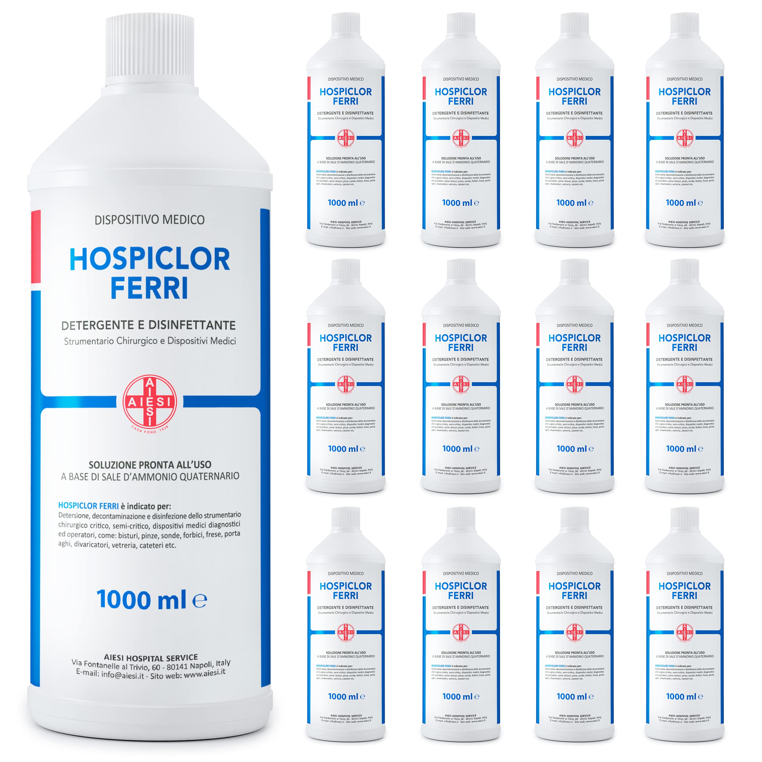 AIESI® Desinfectante listo para usar (12x1000 ml) para instrumentos y dispositivos médicos a base de cloruro de benzalconio HOSPICLOR FERRI