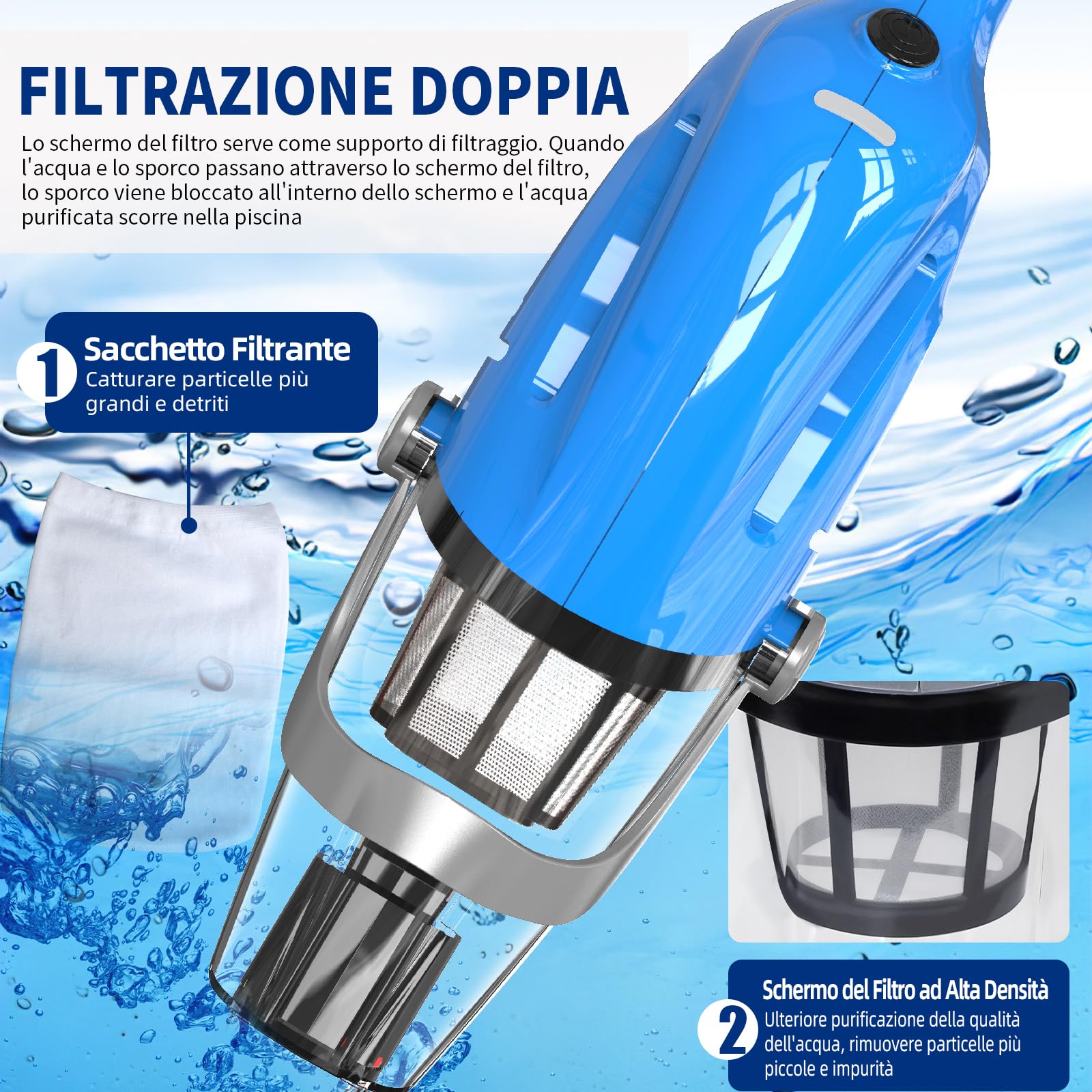 Aspirapolvere Piscina a Batteria, Aspiratore per Piscina | Aspirapiscina Senza Fili, Aspiratore a Mano per Piscina Fuori Terra, Spa, vasche Idromassaggio, Autonomia 60 Minuti, Blu