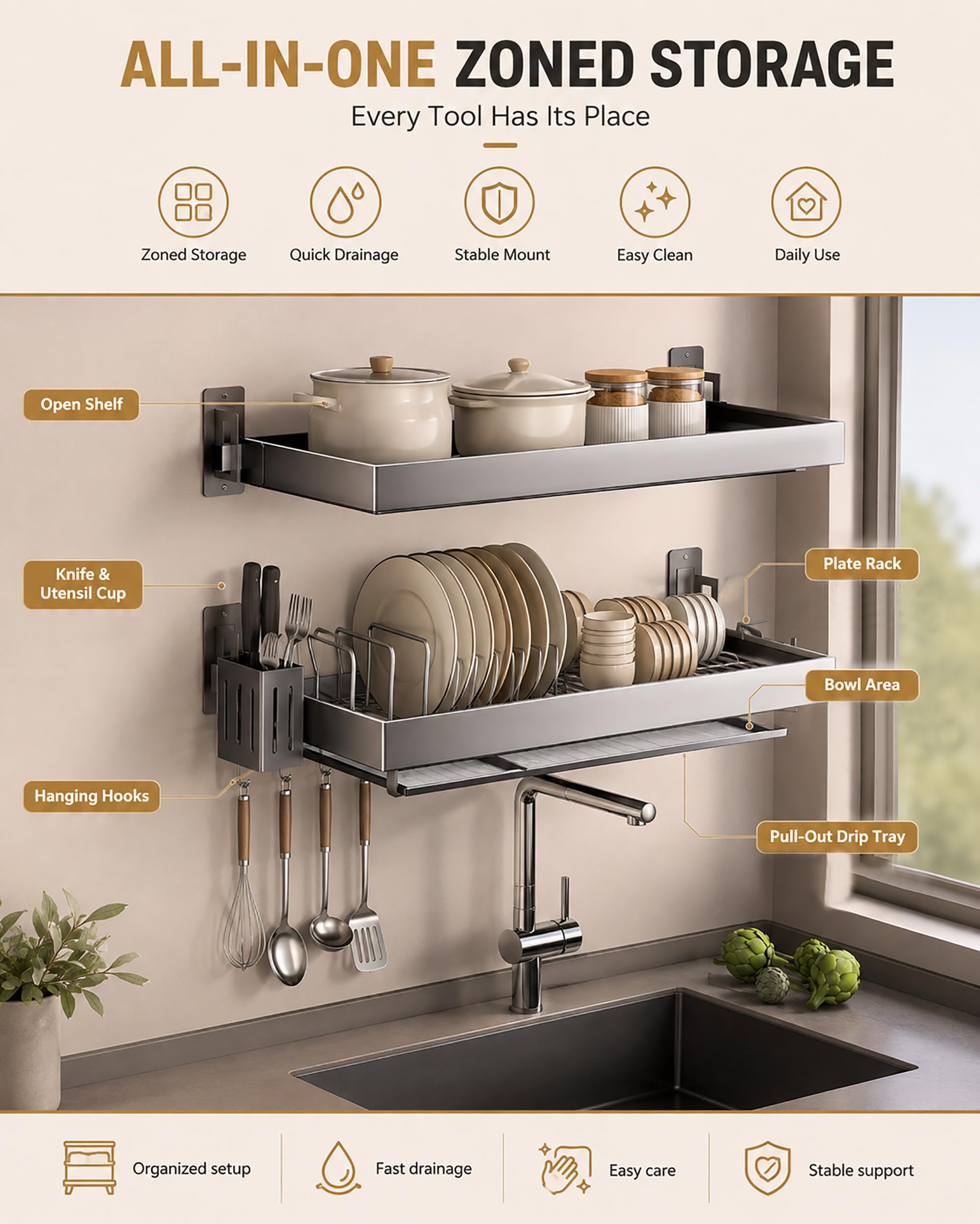 Égouttoir à Vaisselle Mural - Étagère Cuisine Rangement en Aluminium - Gain d'Espace - Gris Gunmetal - 2 Niveaux