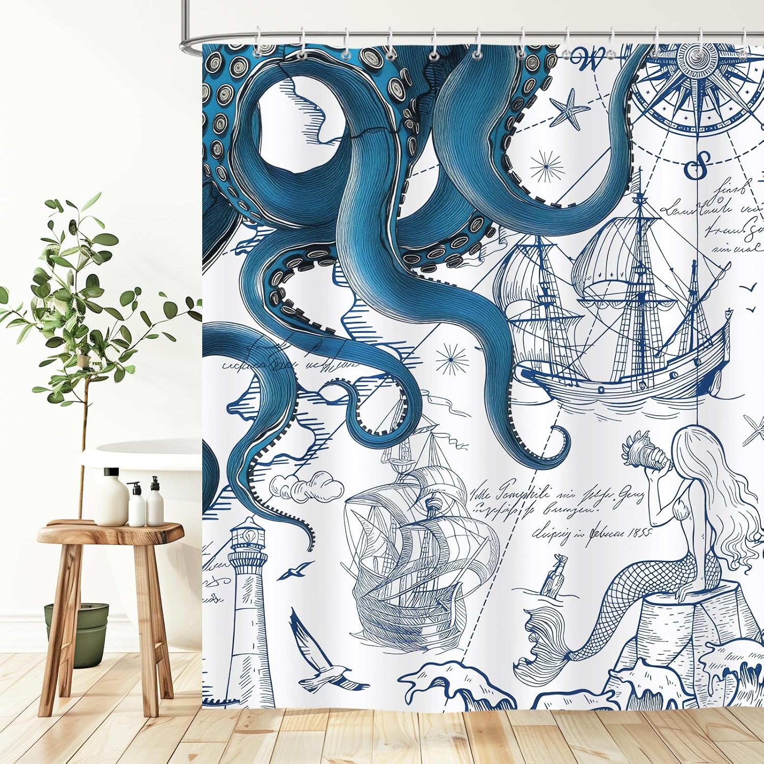 Blue Nautical Octopus Shower Curtain,Navy Blue Octopus and Mermaid Funny Ocean Kraken Waterproof and Moisture-Proof Bath Curtain Decor with 12 Hooks 78 x 72 inch