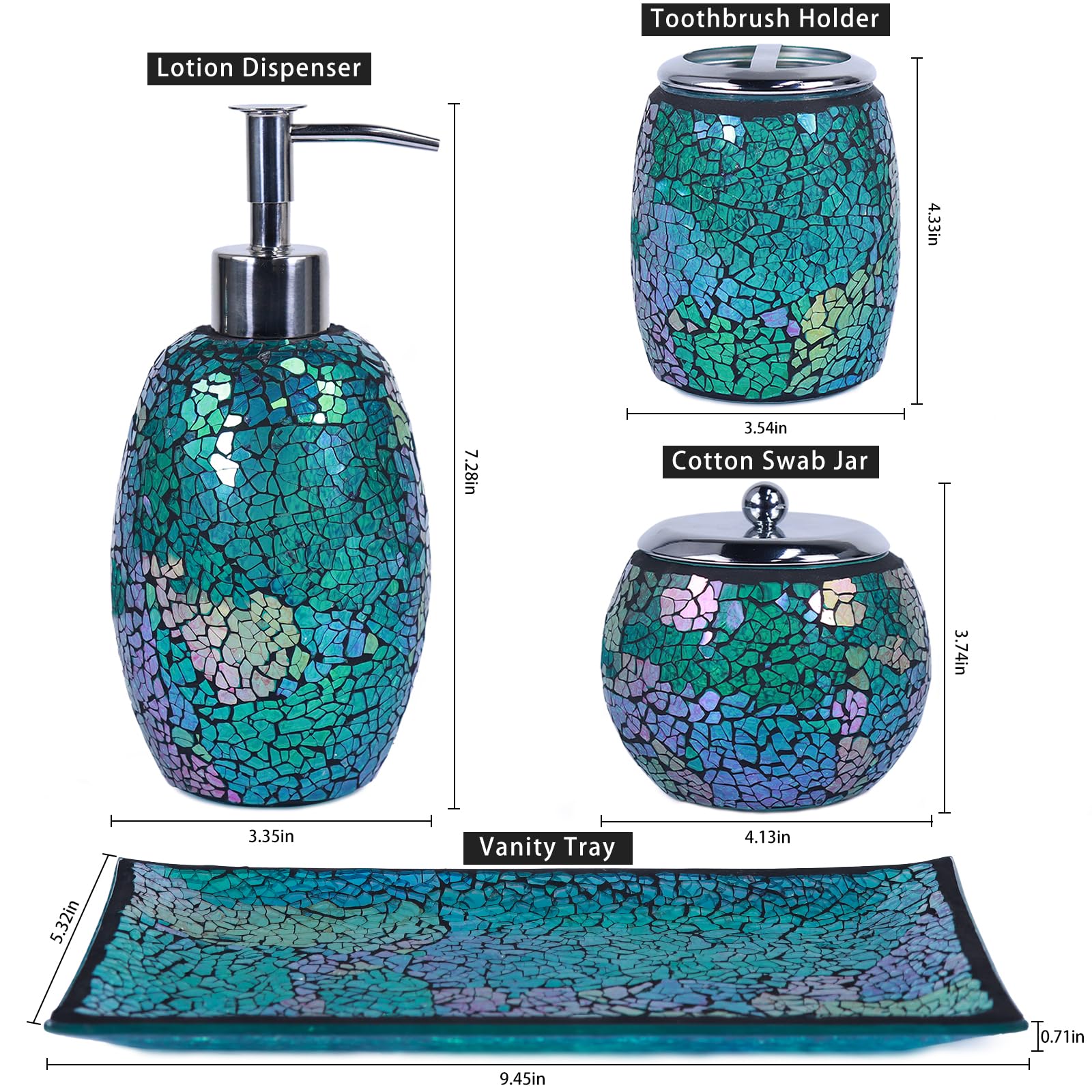 4-teiliges Badezimmer-Set Aus Blauem Glas – Zahnbürstenhalter, Seifenspender, Wattestäbchen-Glas & Becher