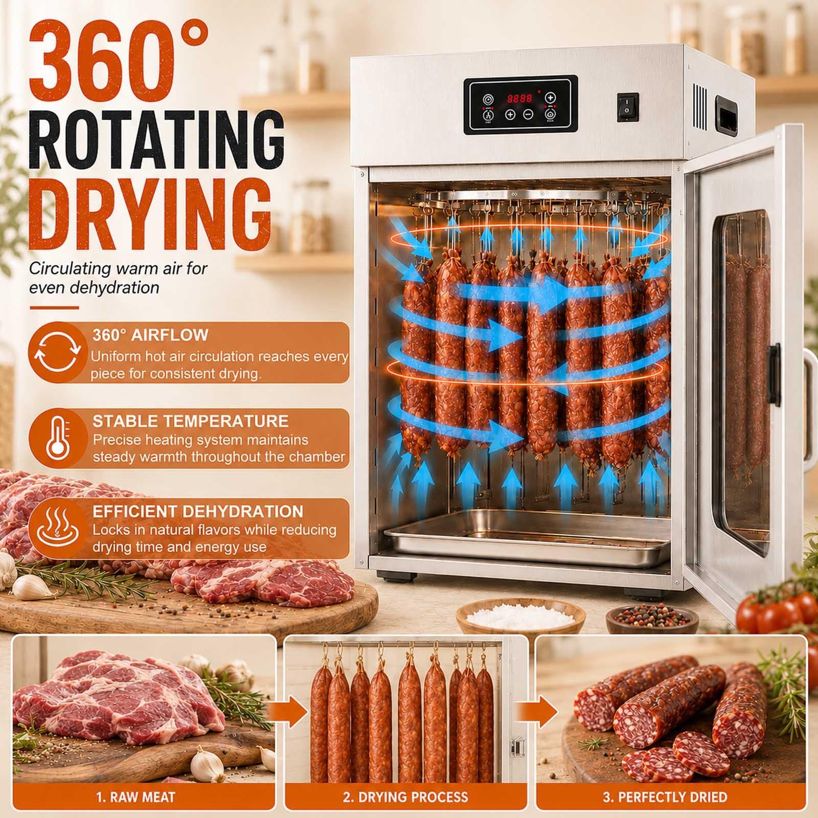 Dry Ager Reifeschrank Für Fleisch Und Wurst, Edelstahl Trockenschrank Für Fleisch Mit Led-Steuerung, 14/30 Haken, 30-90°C, 24h Timer, Biltong Box Für Wurst, Speck, Fisch Und Rindfleisch 15KG