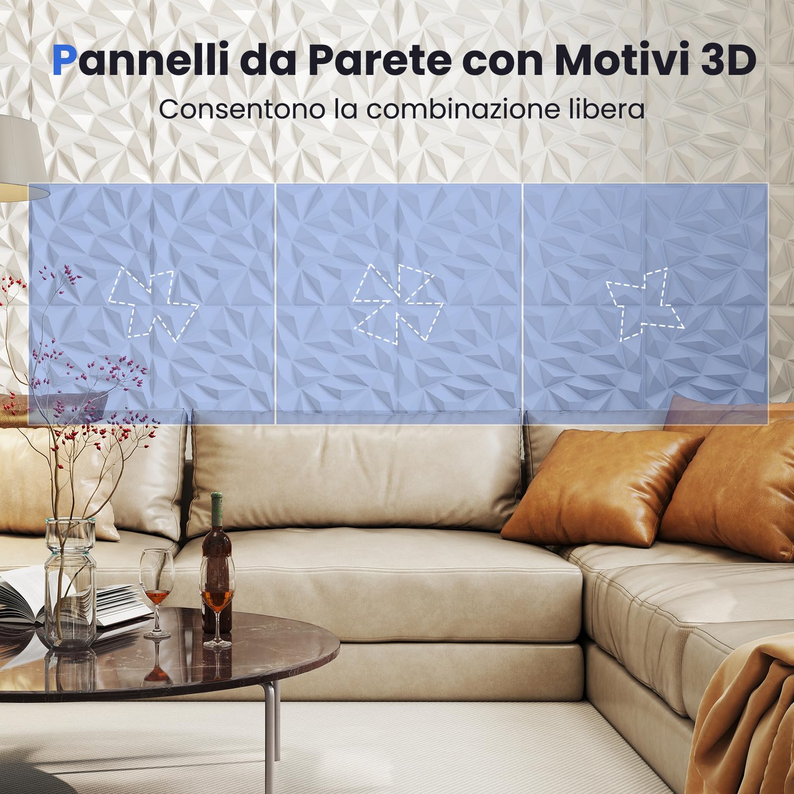 COSTWAY 40 Pezzi 3D Pannelli Murali 50 x 50 cm, Pannello da Parete 3D Diamante, Decorazione Interna da Parete in PVC, 10 m², per Soggiorno Camera da Letto (10㎡,Bianco)