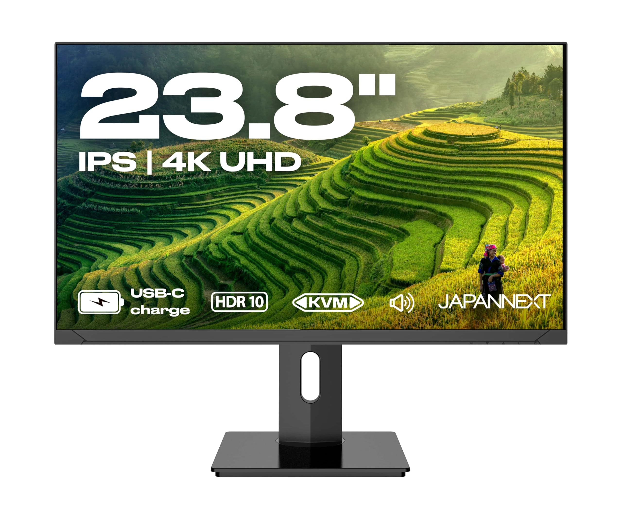 JapanNext Monitor 23,8" IPS 4K UHD (3840x2160) | Carga a través de USB-C (65W) Altura e inclinación Ajustables (HSP) Altavoces | sRGB 100% G-Sync/FreeSync | Garantía 3 años | JN-IPS2380UHDR-C65W-HSP