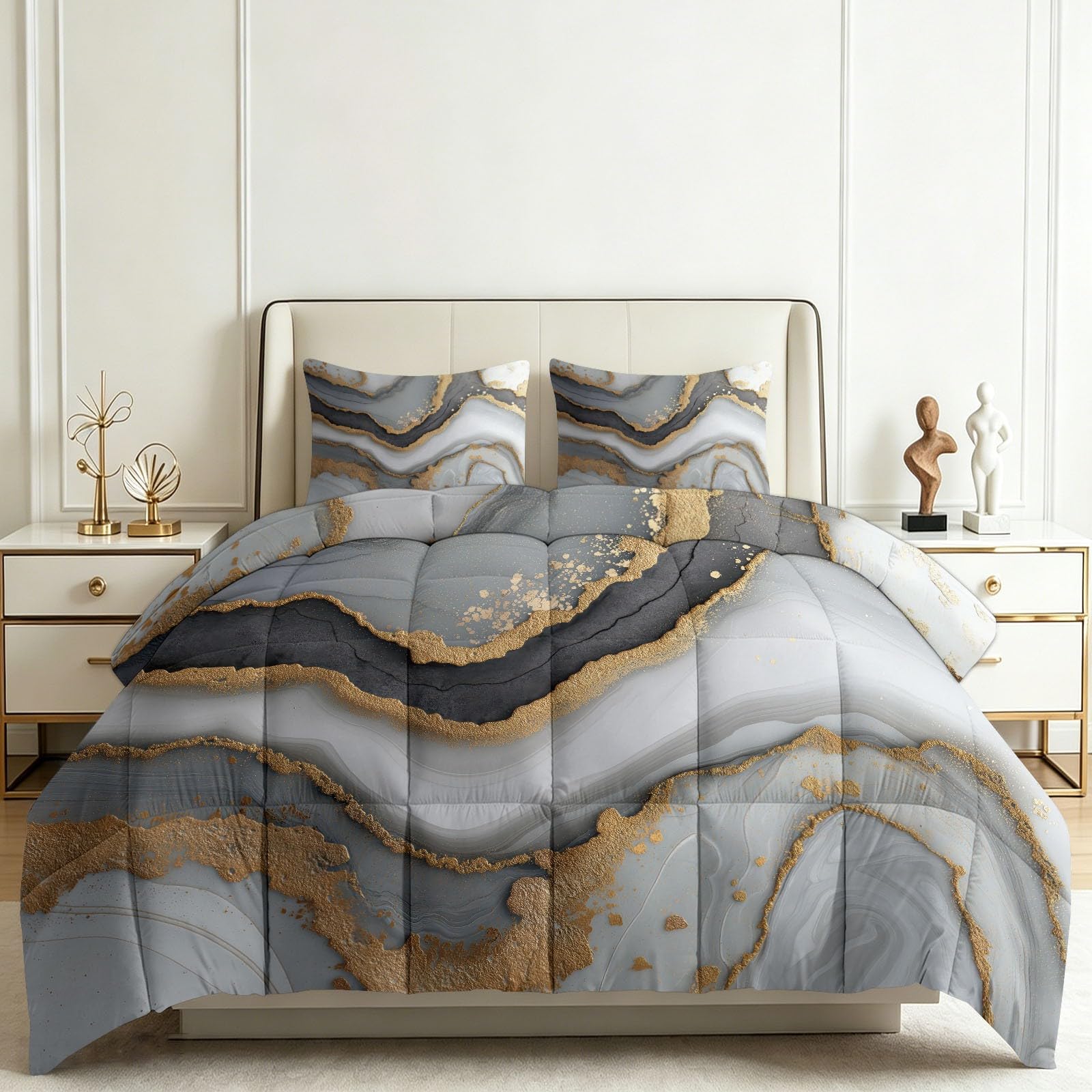 Couette 4 saisons 140x200 cm marbre et or pour une chambre moderne et cocooning chic