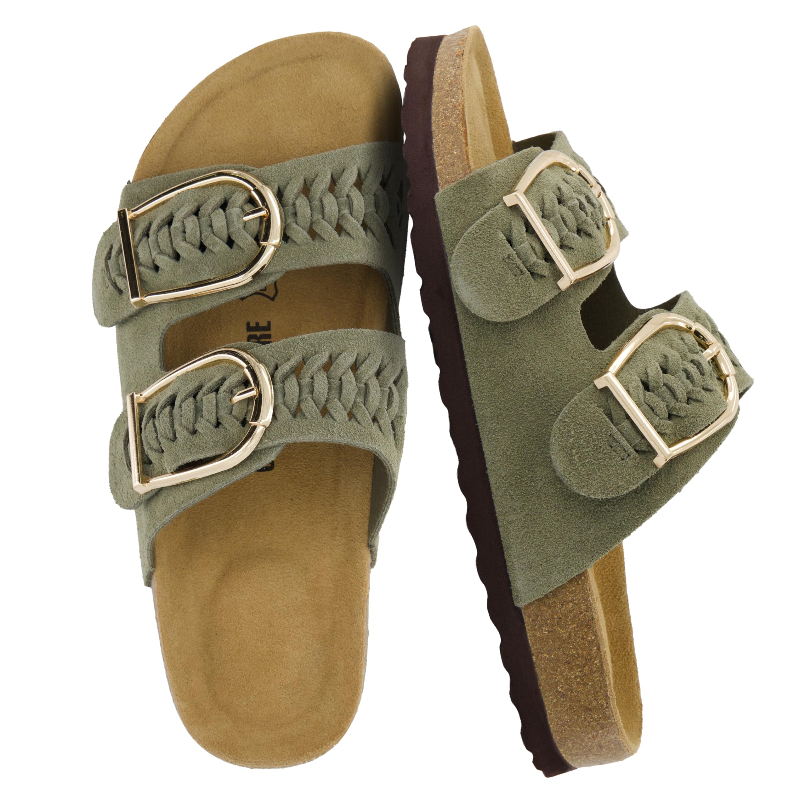 CUSHIONAIRE Cashew Slip On Genuine Suede Leather Womens Sandals - Braided Double-Strap Design with Adjustable Big Buckle Sandals for Women