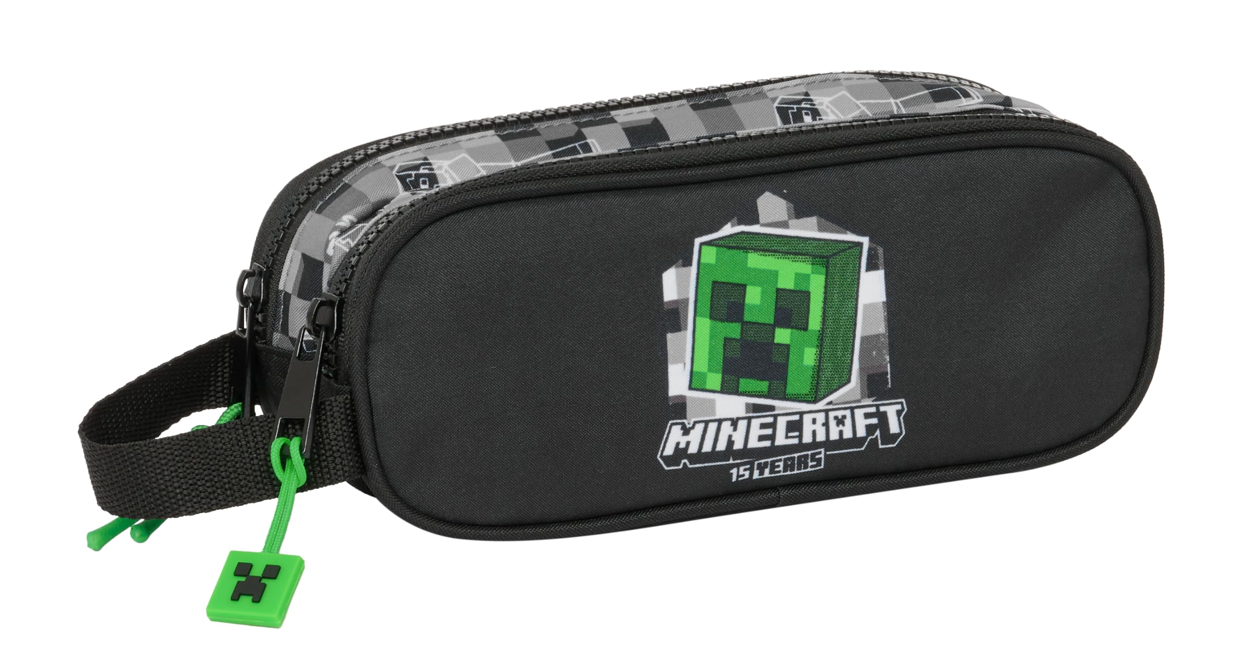 MINECRAFT - Portatodo Doble Niño, Estuche Infantil, Estuche Niño, Ideal para Niños en Edad Escolar, Cómodo y Versátil, Calidad y Resistencia, 21x6x8 cm, Color Negro/Gris/Verde