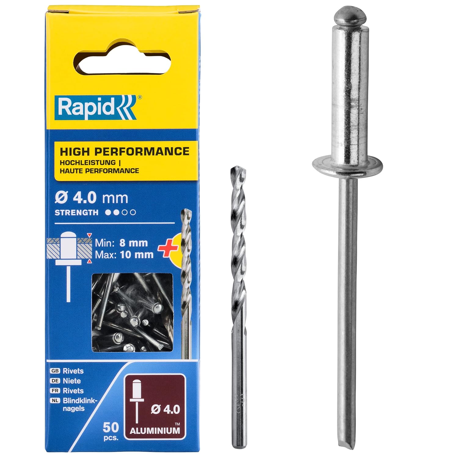 Rapid Rivets High Performance Including Drill Piece, 4.8 x 12 mm, 5000388-50 Pieces, Silver/Blue/Clear